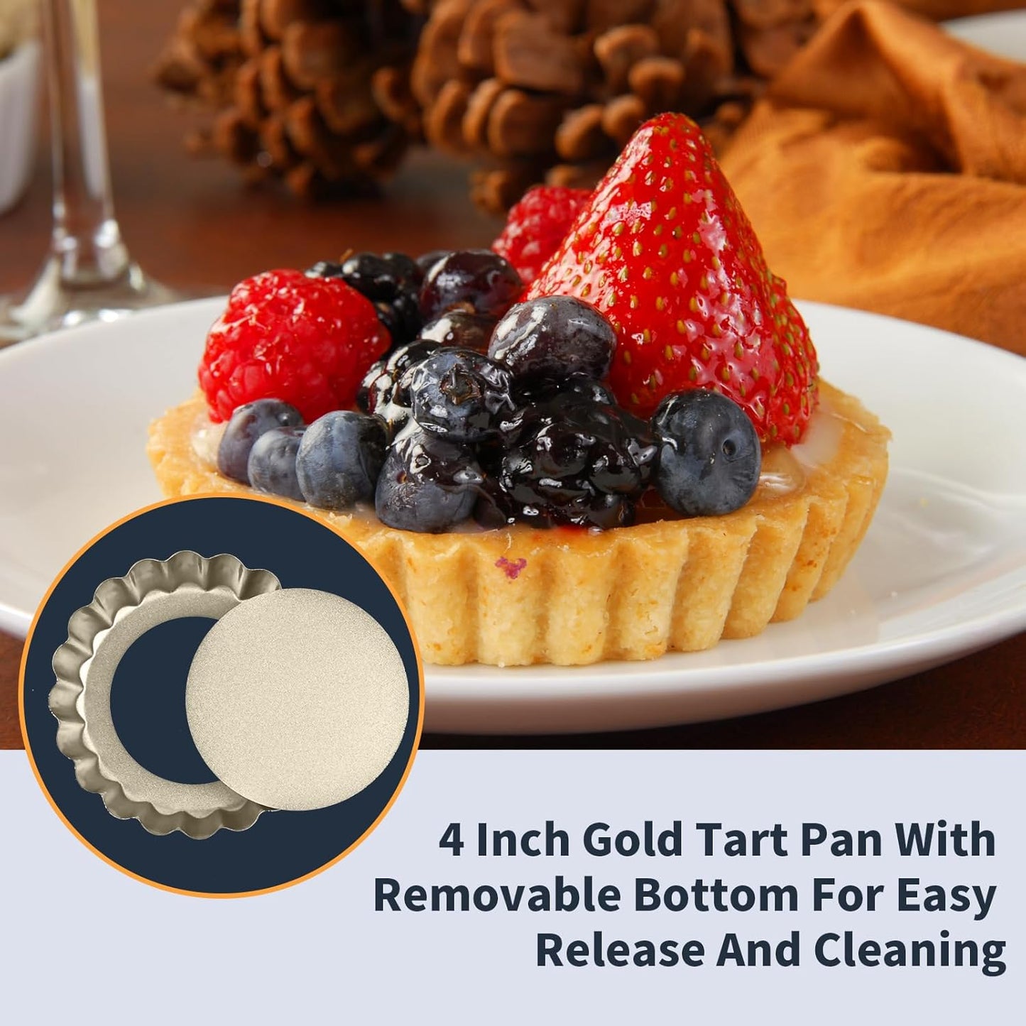 Mini Tart Pan 12PCS, 4 Inch Tart Pan Removable Bottom Non-Stick Tin, 0.9 Inches High Suitable for DIY Making Small Tarts at Home. Champagne Gold Appearance.