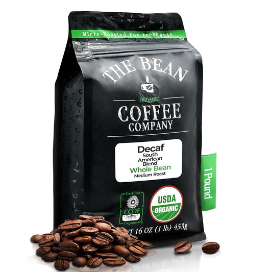 The Bean Organic Coffee Company Water Processed DECAF South America Blend, Medium Roast, Whole Bean Coffee, 16-Ounce Bag