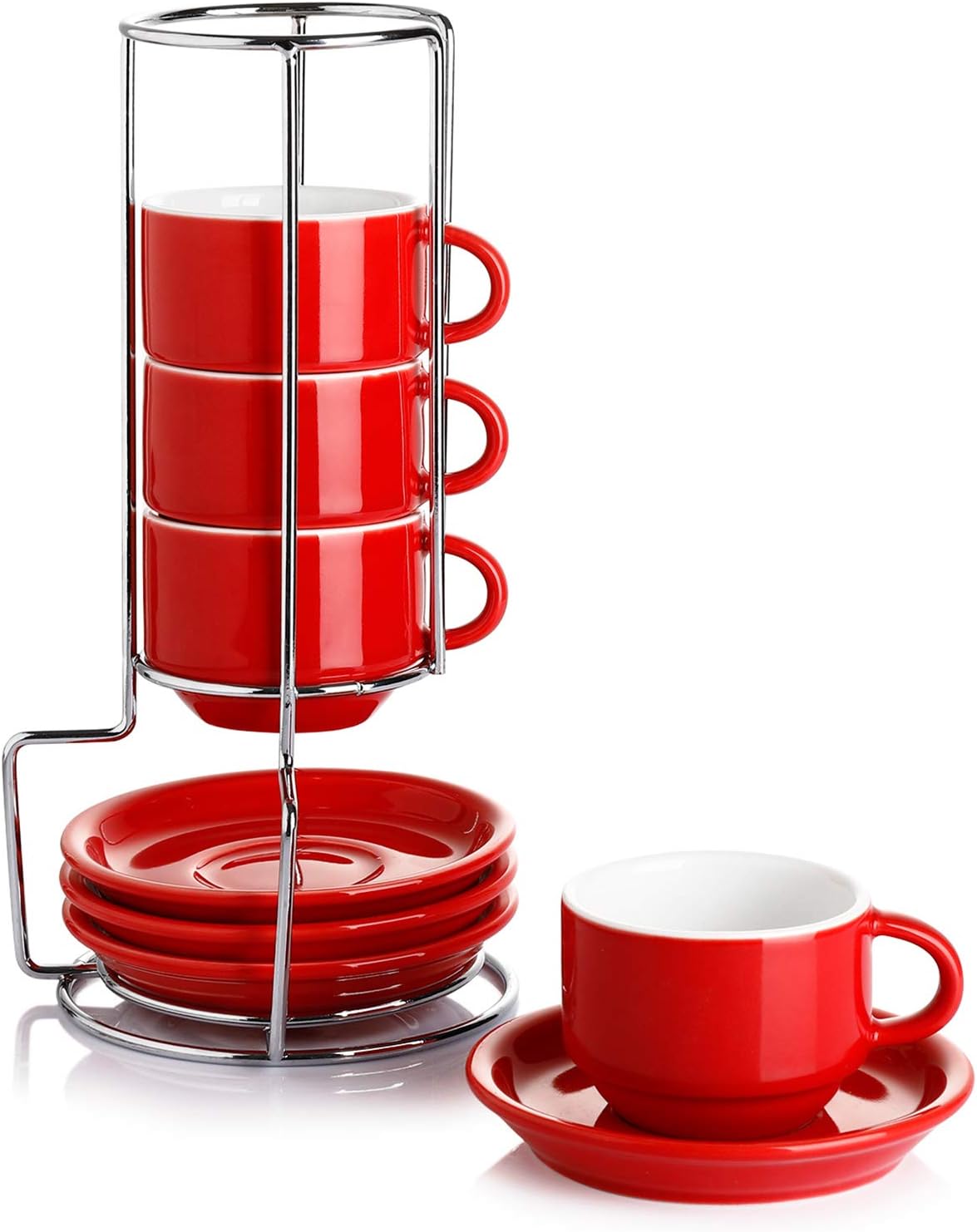 Sweese 4 Ounce Porcelain Stackable Espresso Cups with Saucers and Metal Stand Set of 4, Red