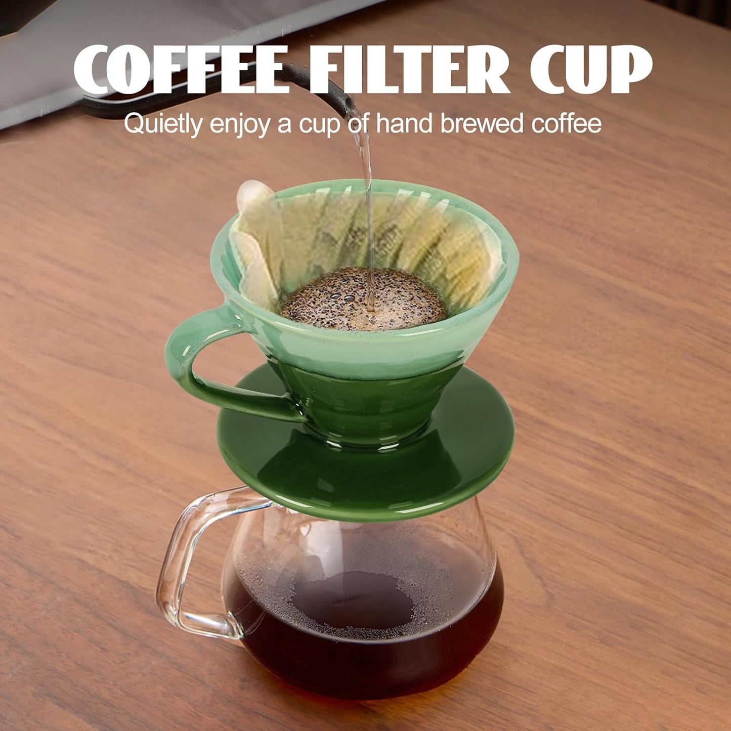 Ceramic Coffee Dripper Filter 02-4Cup Pour Over Coffee Dripper, 60 Angle Cone Ceramic Hand Brew Coffee Cup Retro Filter Set Reusable Portable Coffee Maker (Green)