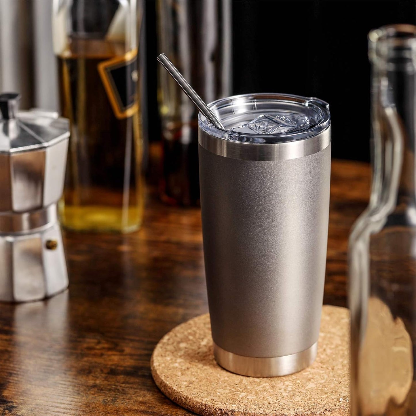 COMOOO 20oz Double Wall Vacuum Insulated Travel Mug, Stainless Steel Tumbler with Lid and Straw Durable Powder Coated Insulated Coffee Cup for Cold & Hot Drinks (Grey. 2 pack