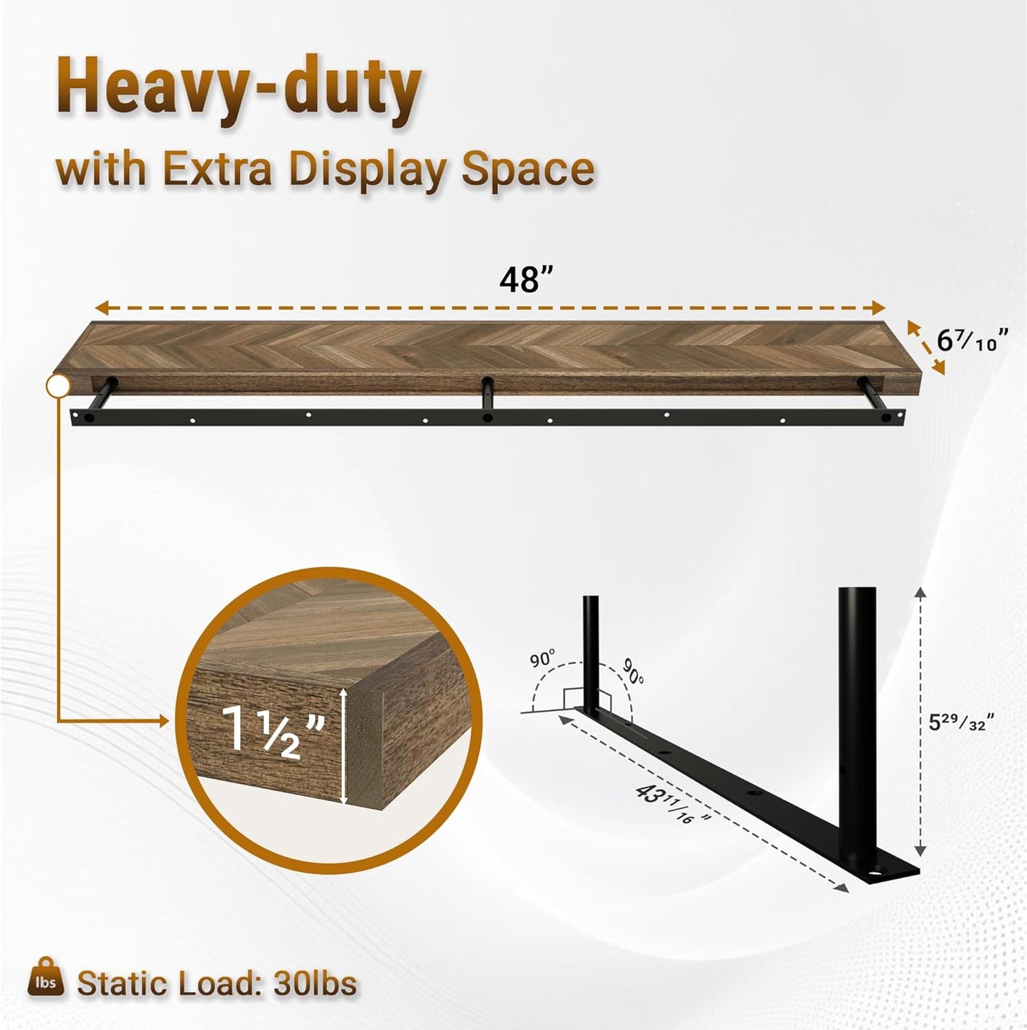 48" Rustic Farmhouse Floating Shelves – Set of 2 Acacia Wood Shelves for Stylish Wall Decor in Kitchen, Bathroom, Unique Chevron Pattern, Dark Walnut Color, 48x8x1.5 Inches - Set of 2 - DIY