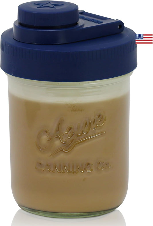Brewing America Creamer Jar with Pouring Lid, 1 Pint (16 oz) Azure Mason Jar with Blue Wide Mouth Pour Lid for Milk, Sugar, and Cream, 1-Pack (Old Glory Blue)