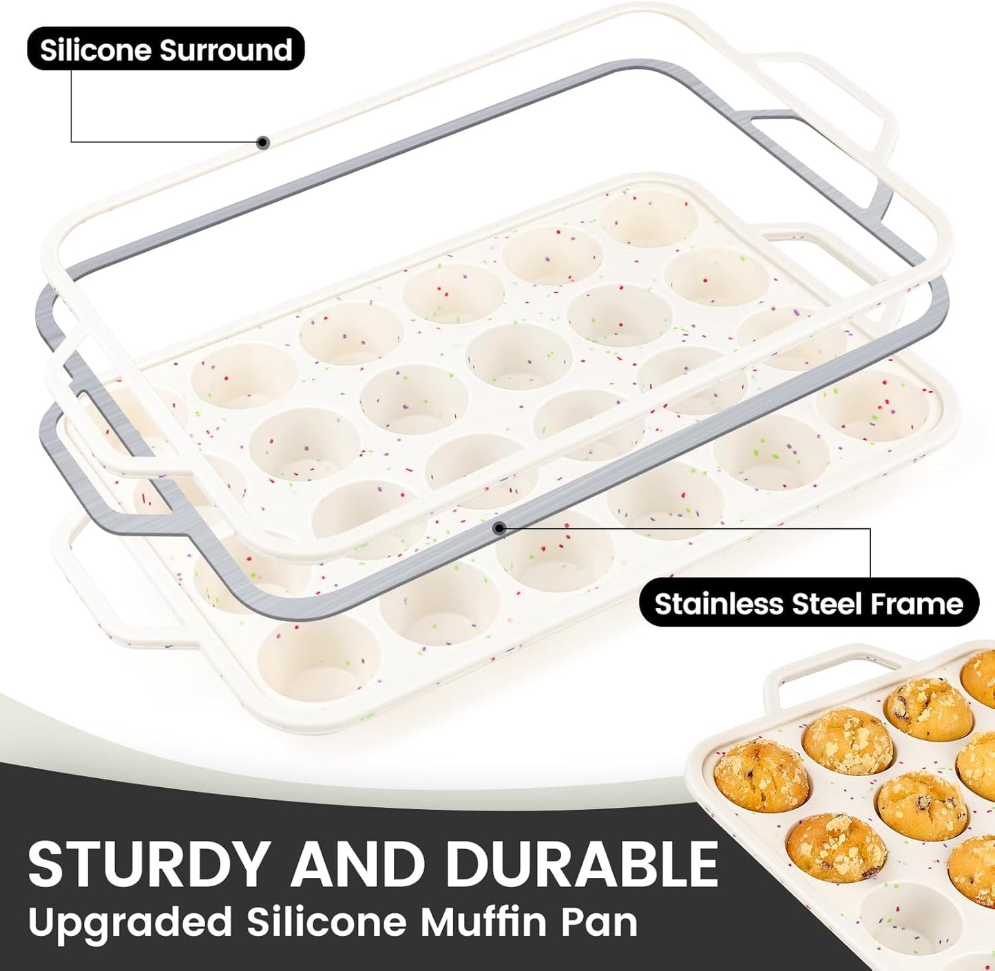 Vinino Mini Muffin Pan with Metal Reinforced Frame-2Pack, Silicone Cupcake Pan for Baking 24 Cup Mini Size, BPA Free Silicone Muffin Tray, Cupcake Baking Pan Molds for Oven Dishwasher Safe - Cream