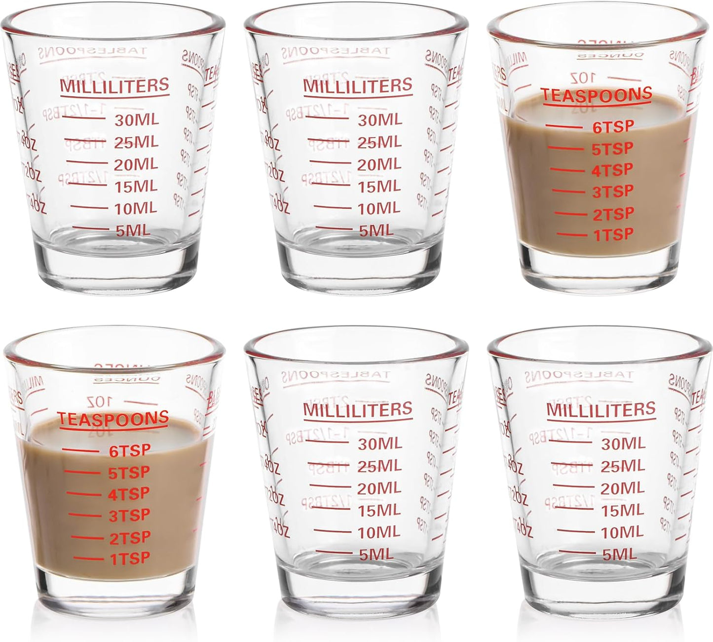 Shot Glasses Measuring Cup Set 6 Pack Espresso Shot Glasses Liquid Heavy Glass 26-Incremental Measurement 1 OZ,2 TBS,6 TSP,30 ML Kitchen Tools(Red)