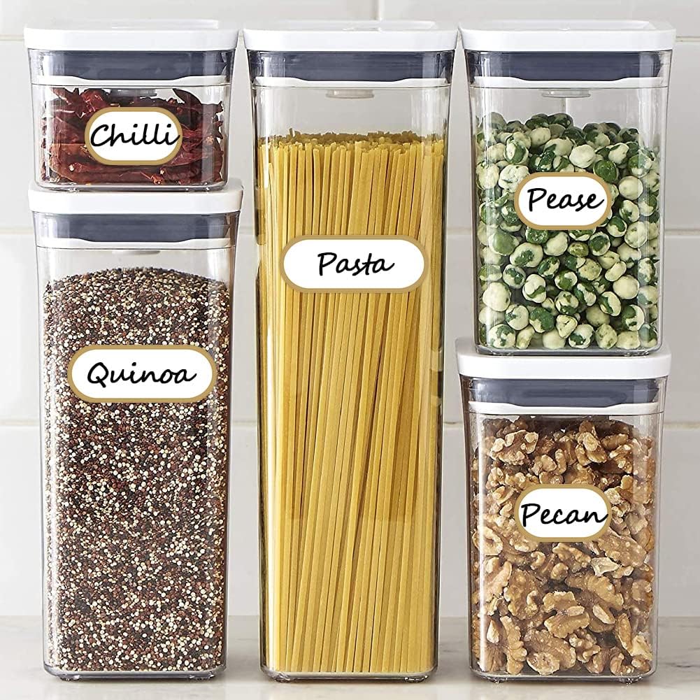 192pcs Removable Bottle Labels Waterproof Self-Adhesive Kitchen Home Edit Food Label Stickers with Gold Border for Food Containers Mason Jars Storage Bins Daycare Organization,with Marker Pen