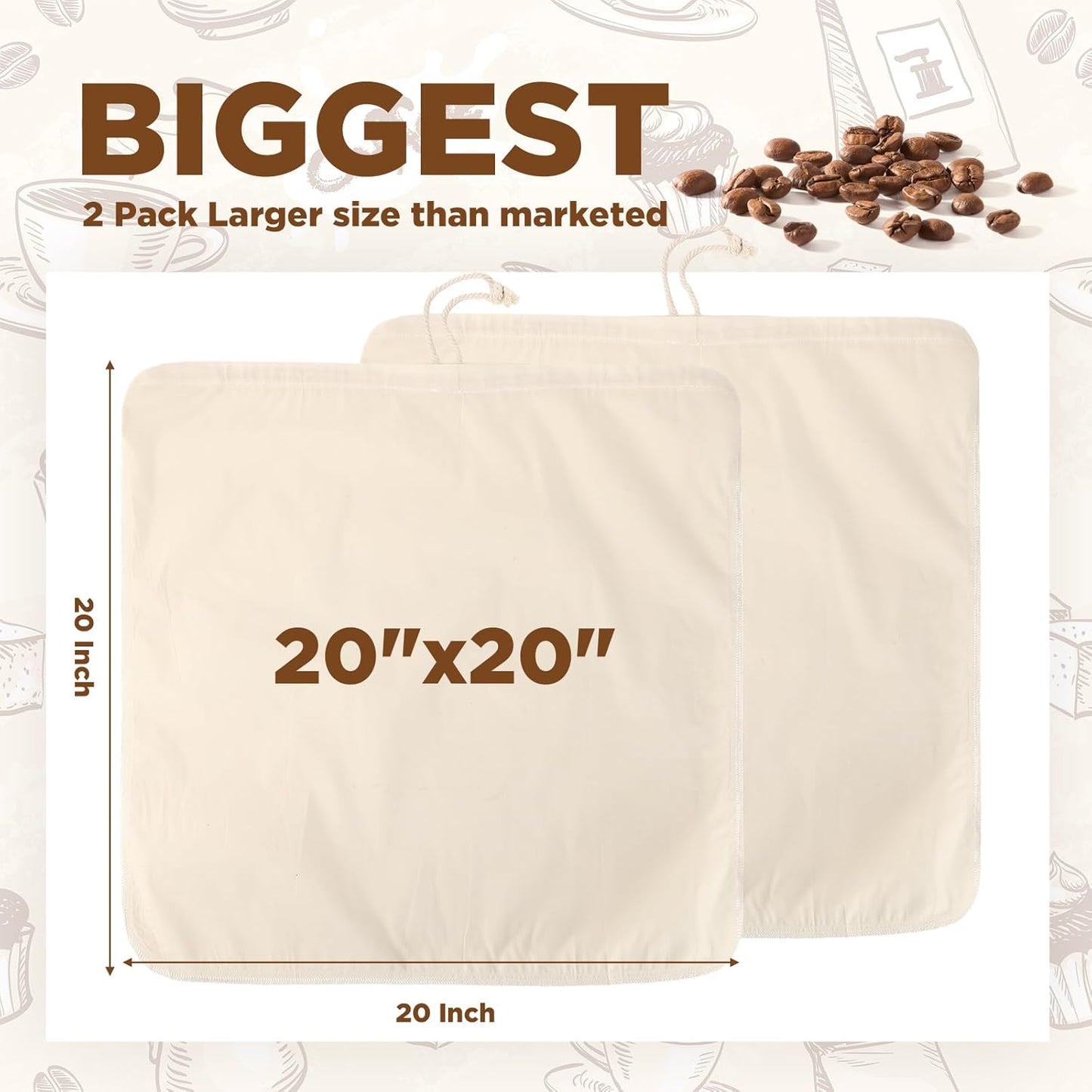Tioncy 2 Pcs 20 x 20 Inch Large Reusable Cold Brew Coffee Bag Reusable Organic Cotton Cold Brew Filter Bags Washable Coffee Filter Pouch with Easy Open Drawstring Pitchers 5 Gallon Systems up to 5 LBS