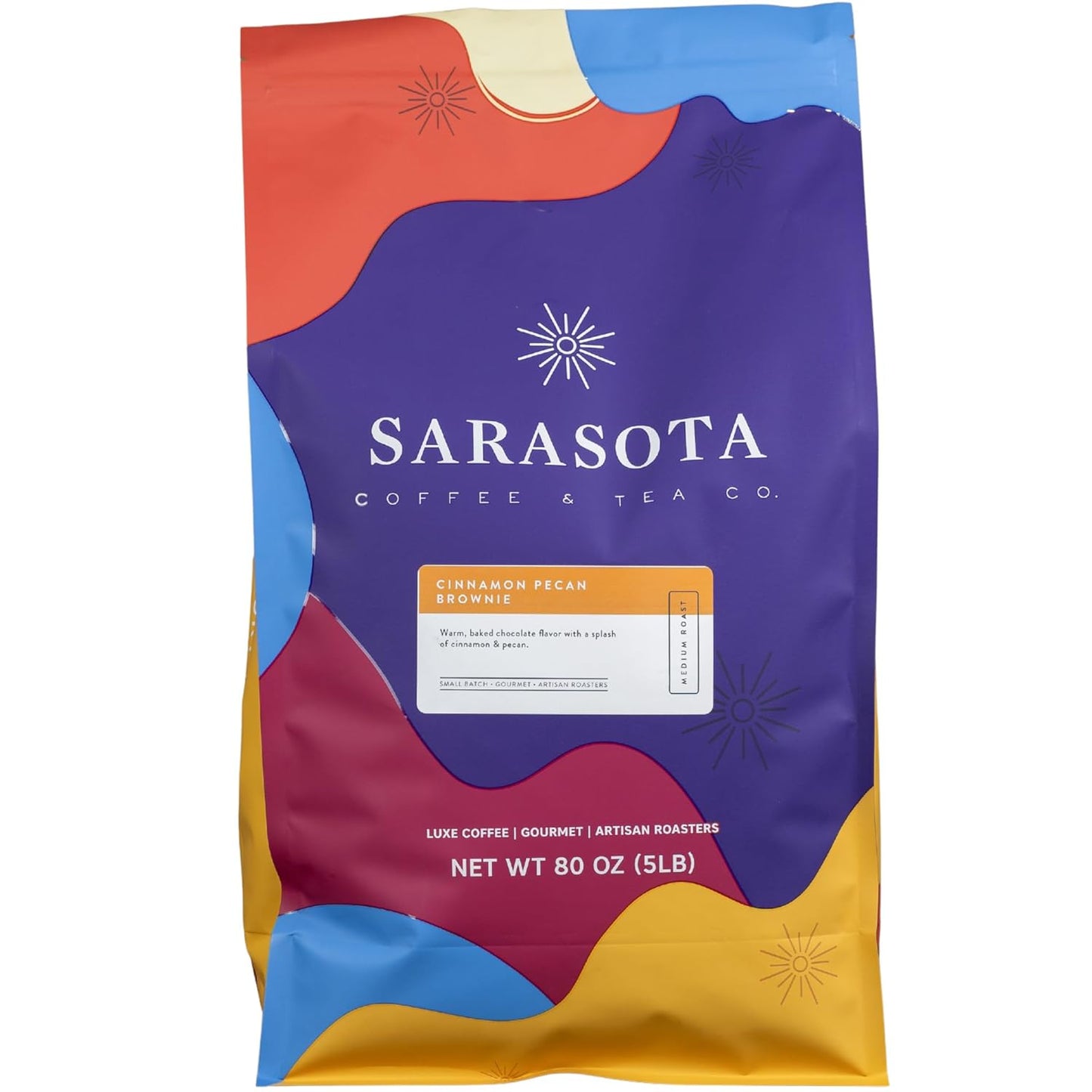 Sarasota Coffee Ground Cinnamon Pecan Brownie | Medium Roast Gourmet Flavored Coffee Grounds | Low Acid, Mold Free, Specialty Grade Flavored Bulk Ground | 5lb (80 oz)