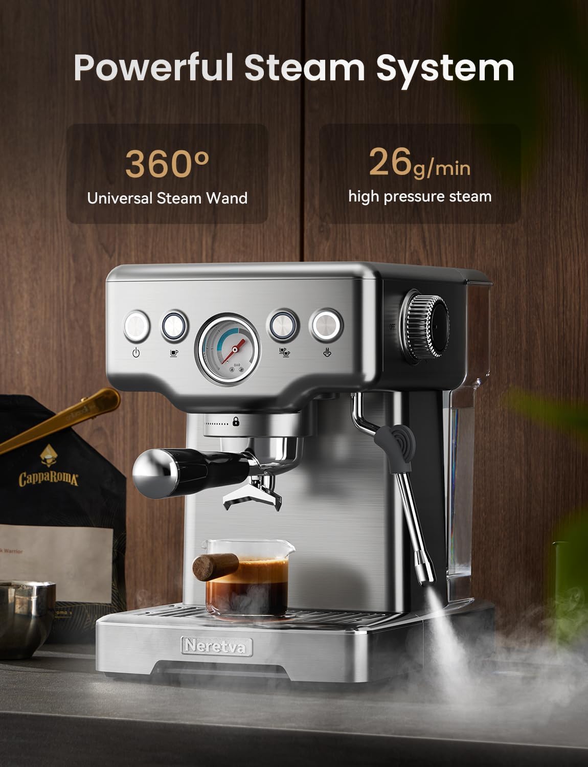 Neretva Espresso Machine, 15 Bar Espresso Coffee Machine with Visible Pressure Guage Professional Espresso Maker with Milk Frother & Stainless Steel for Home Barista Latte and Cappuccino Maker-Silver