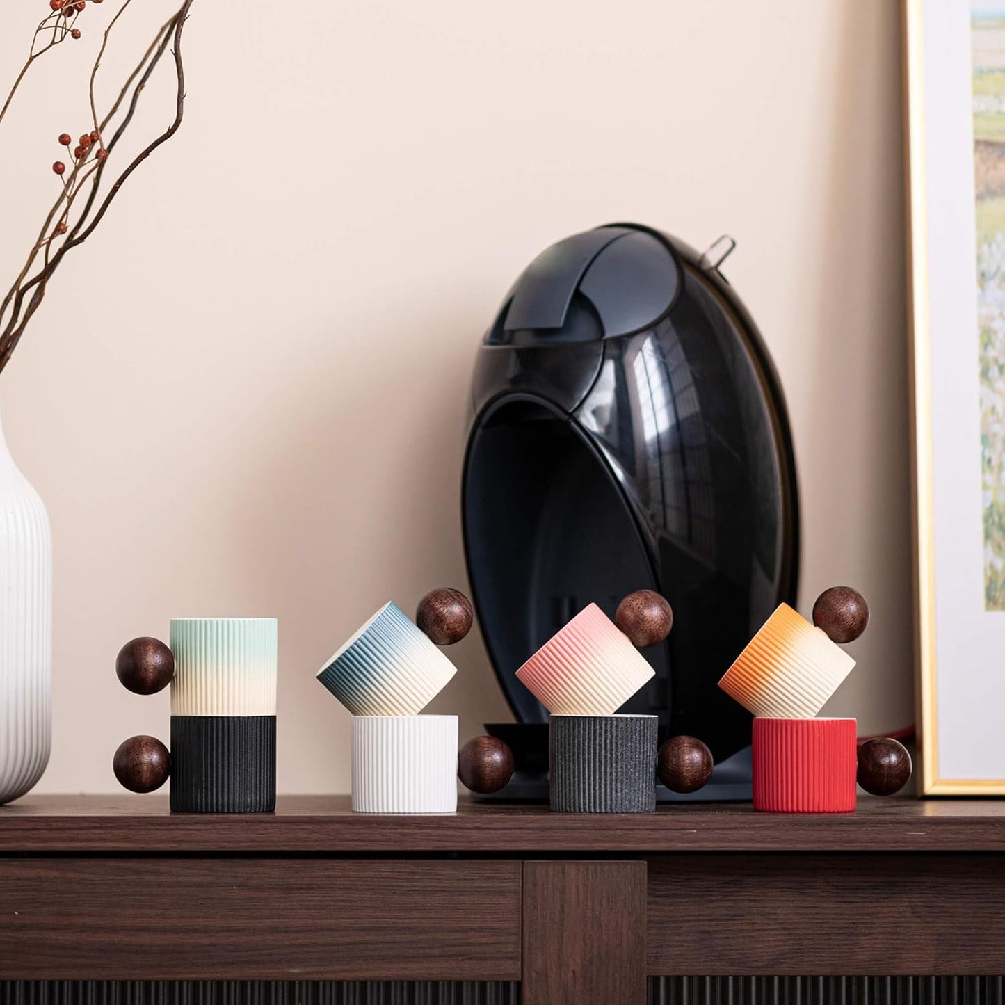 Ceramic Mini Espresso Cups Demitasse Cups with Round Wooden Handle Vertical Stripes Tea Cups (Beige&Blue, 2pcs)