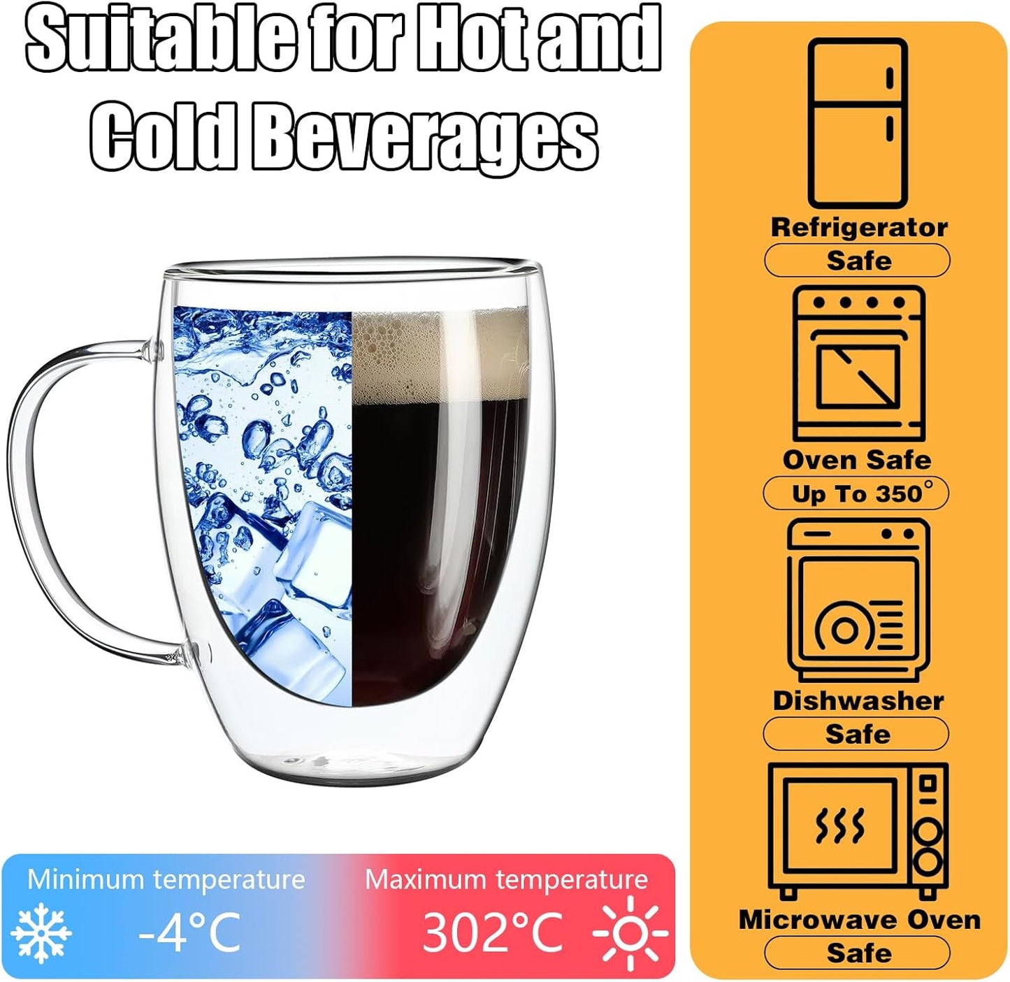 Set of 4 Double Walled Glass Coffee Mugs with Handles, 12oz Clear Coffee Mugs for Hot/Cold Beverages, Insulated Borosilicate Glass Cups for Cappuccino, Espresso, Latte, Tea, Milk, Microwave Safe