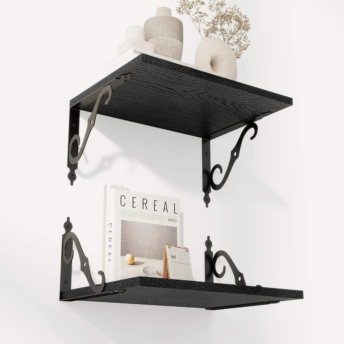 RICHFOCUS 12 Inch Deep Floating Shelves for Wall, 16" W x 12" D Black Wood Wall Shelves Set of 2, Wide Floating Shelves for Living Room, Bedroom, Kitchen, Bathroom and Decor Storage, Black