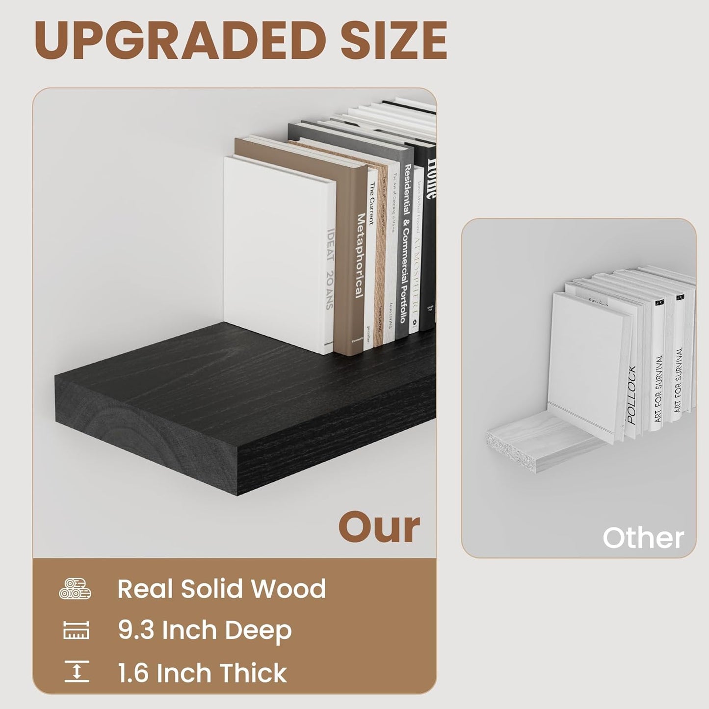 Fun Memories 9 Inch Deep Black Floating Shelves, Farmhouse Rustic Natural Wood Floating Shelf Wall Mounted, 16 x 9 Wall Shelves Set of 2, Deep Black Bathroom Shelves