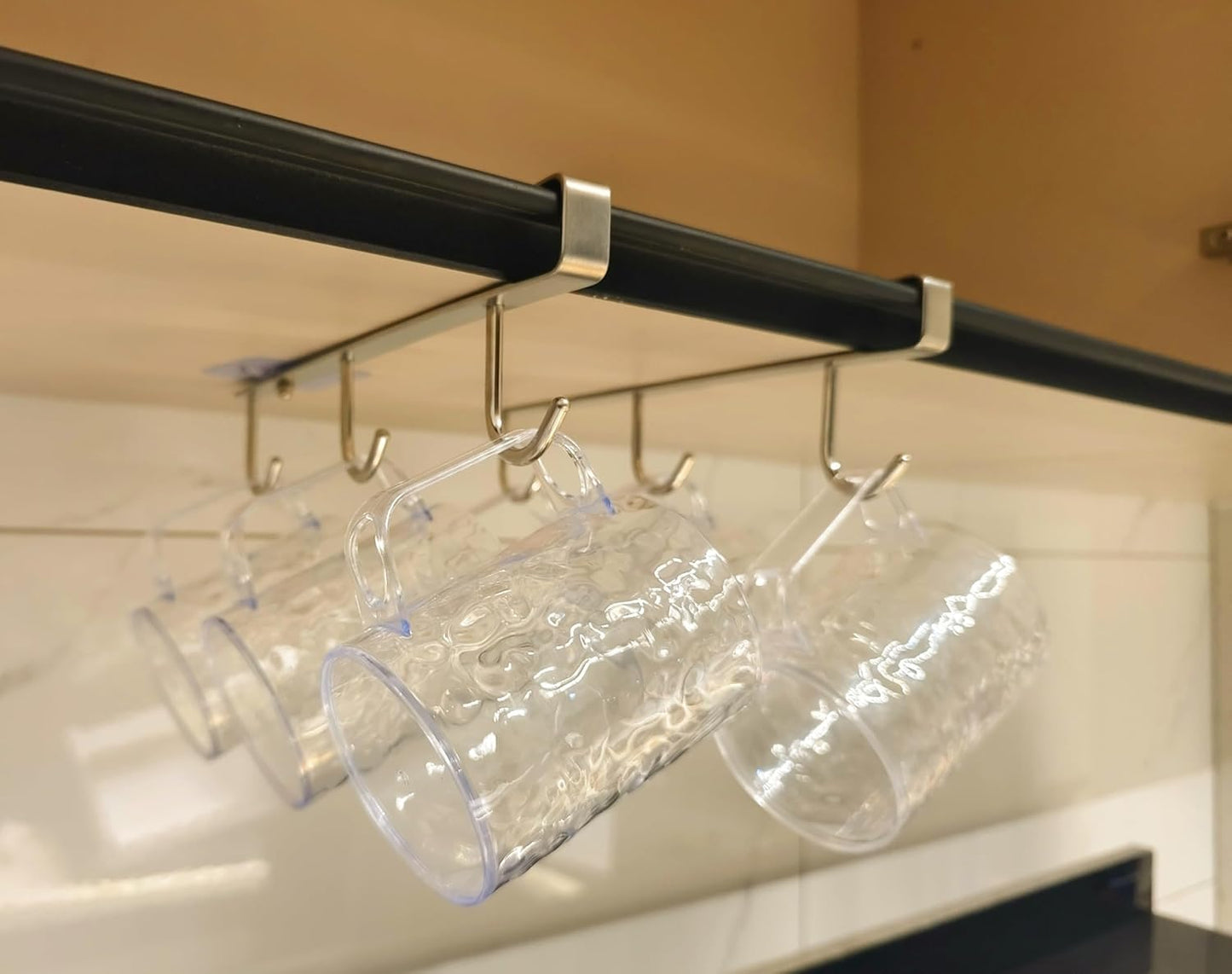 Mug Hooks Under Cabinet , 304 Stainless Steel Cup Hooks for Hanging Under Shelf, Mug Organizer Rack with 6 Hooks for Displaying Mugs, Coffee Cups and Kitchen Utensils,Fit for 0.8" or Less thickness