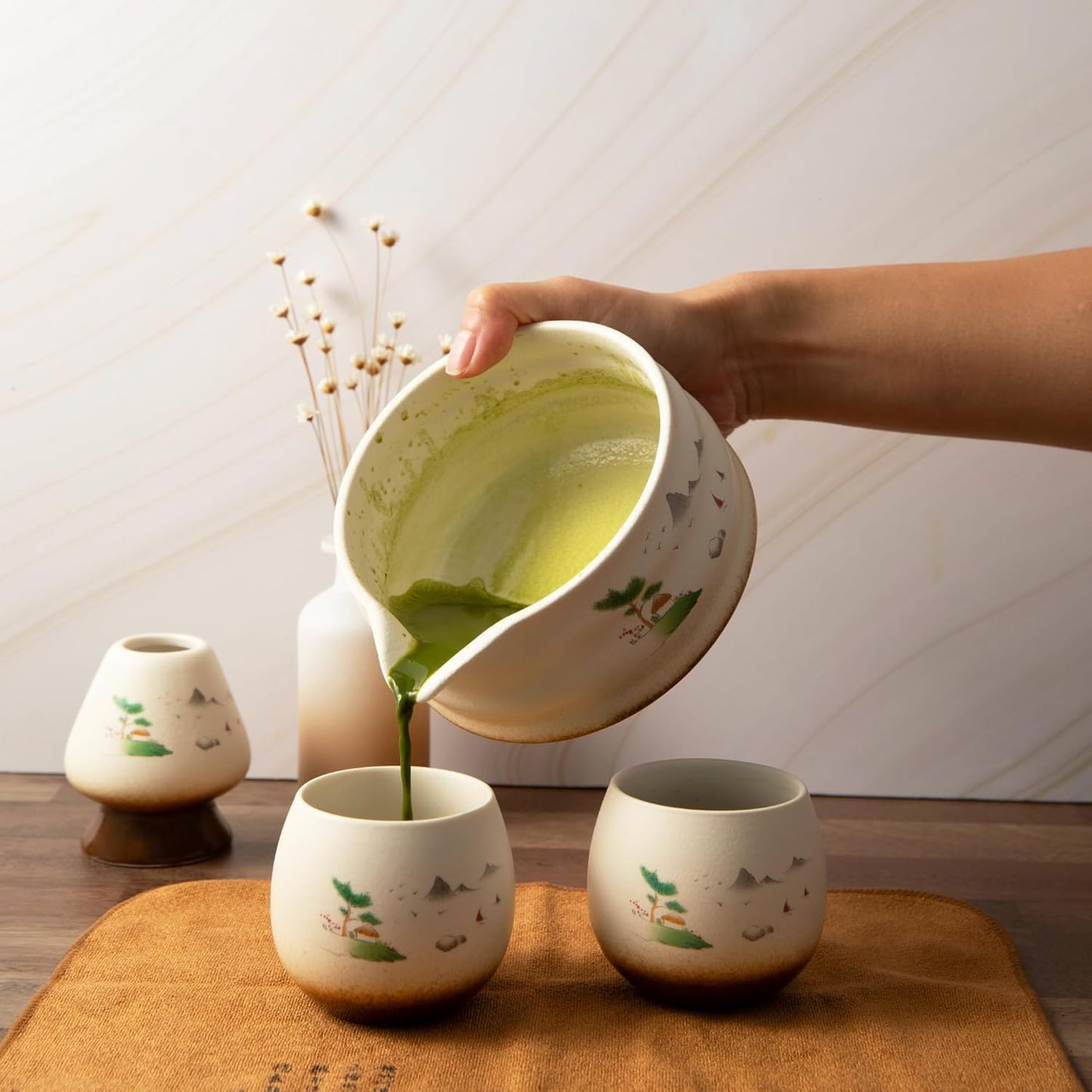 Marce Matcha Whisk Set- Matcha Set includes Matcha Whisk and Bowl (Bowl with Spout), Sifter, Holder and Scoop- The Perfect Bamboo Whisk for Matcha Tea (Cream- 7PC)