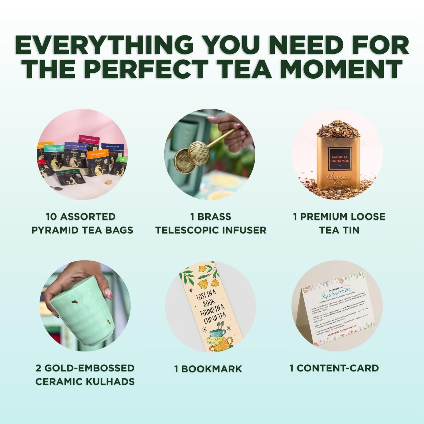 CHAYAM Luxury Tea Gift Set |10 Assorted Tea Bags, Magical Cinnamon 50g, 2 Cups & Brass Strainer | Assorted Gift Box Hamper