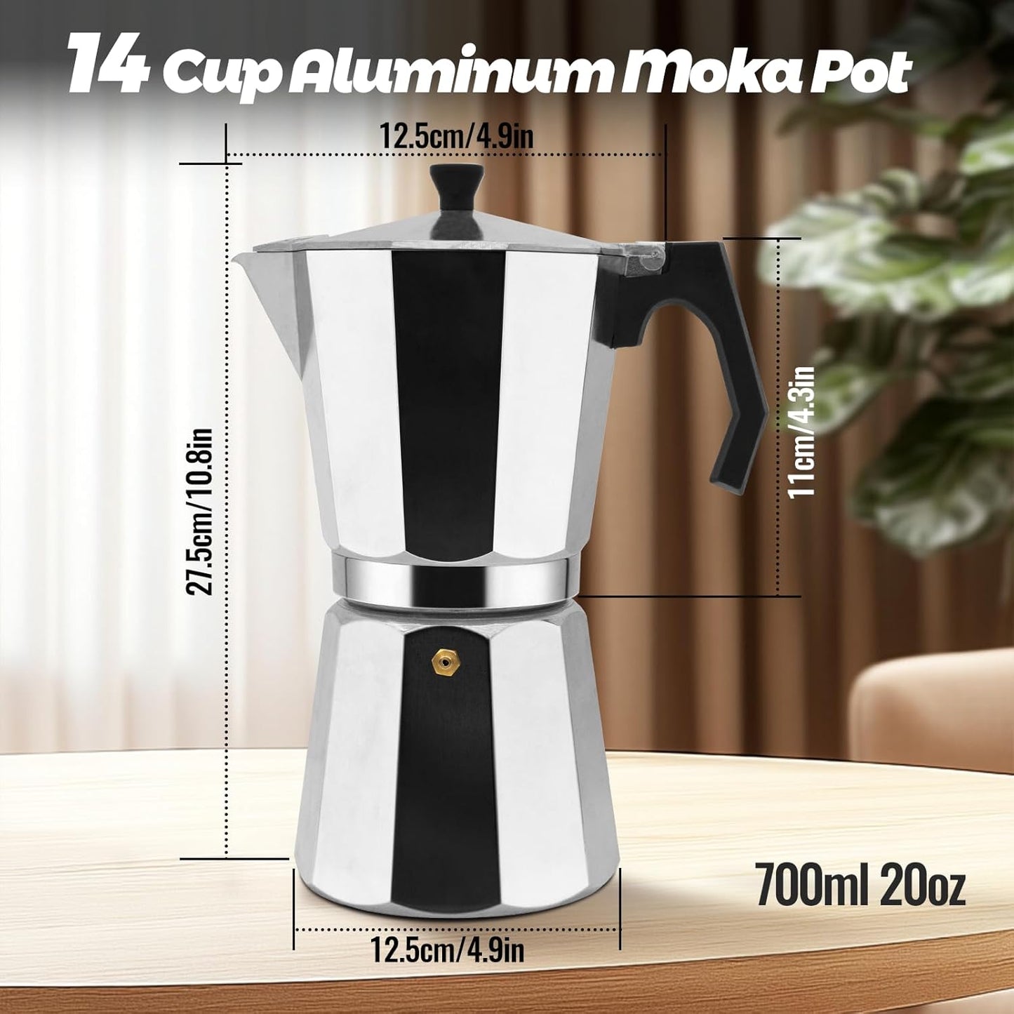 14 Cup Aluminum Moka Pot Classic Stovetop Espresso Coffee Maker 700ml 23oz Coffeemaker Percolator Mocha Pot Greca Coffee Maker Cafe Makers for Italian and Cuban Café Brewing Silver