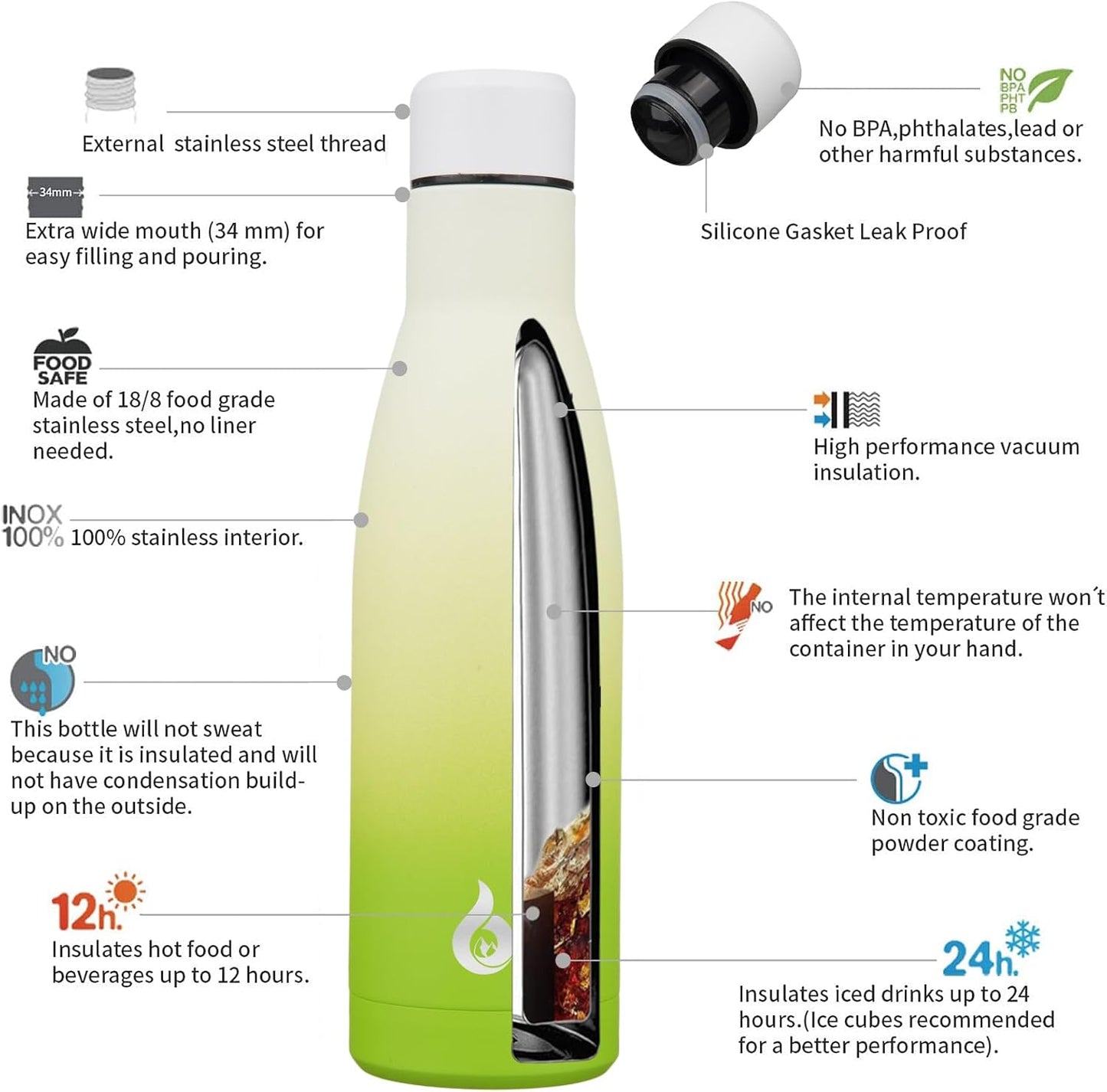 BJPKPK Insulated Water Bottle 17oz Stainless Steel Water Bottles Dishwasher Safe Reusable Metal Thermos Keep Cold and Hot,Elegant Green