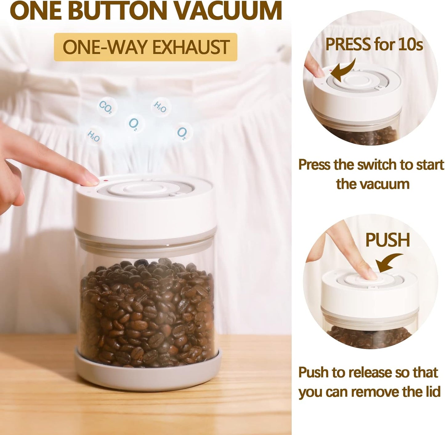 Minidiva Smart Vacuum Container, Automatic Electric Airtight Glass Jar for Food Coffee Storage Meal Prep (White-600ml)