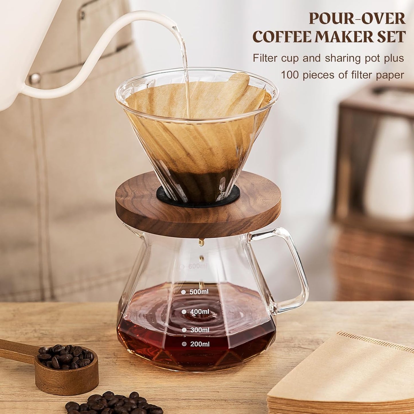 Pour Over Coffee Maker Set – Drip Coffee Pot with Walnut Handle, Glass Coffee Dripper & 100 Filters, 20oz/600ml Capacity