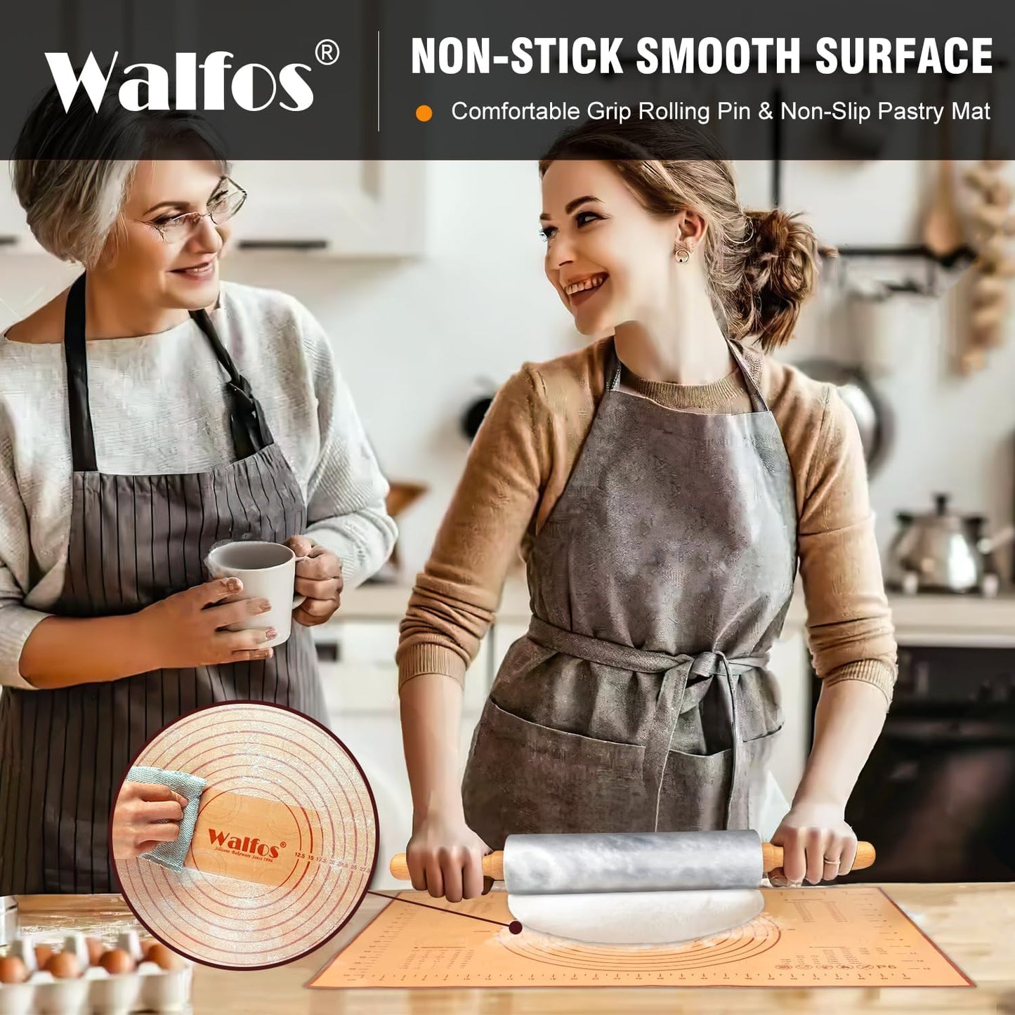Walfos Marble Rolling Pin Set With Non Stick Silicone Pastry Mat, 16.5 Inch Dough Rolling Pins For Making Pizza, Tortillas And Cookies, Backing Rolling Pin For Pie Crust, Pizza, Pasta (Gray & White)