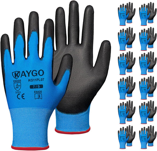 KAYGO Safety Work Gloves PU Coated-12 Pairs, KG11PB, Seamless Knit Glove with Polyurethane Coated Smooth Grip on Palm&Fingers, for Men and Women, Ideal for General Duty Work (Small, Blue)