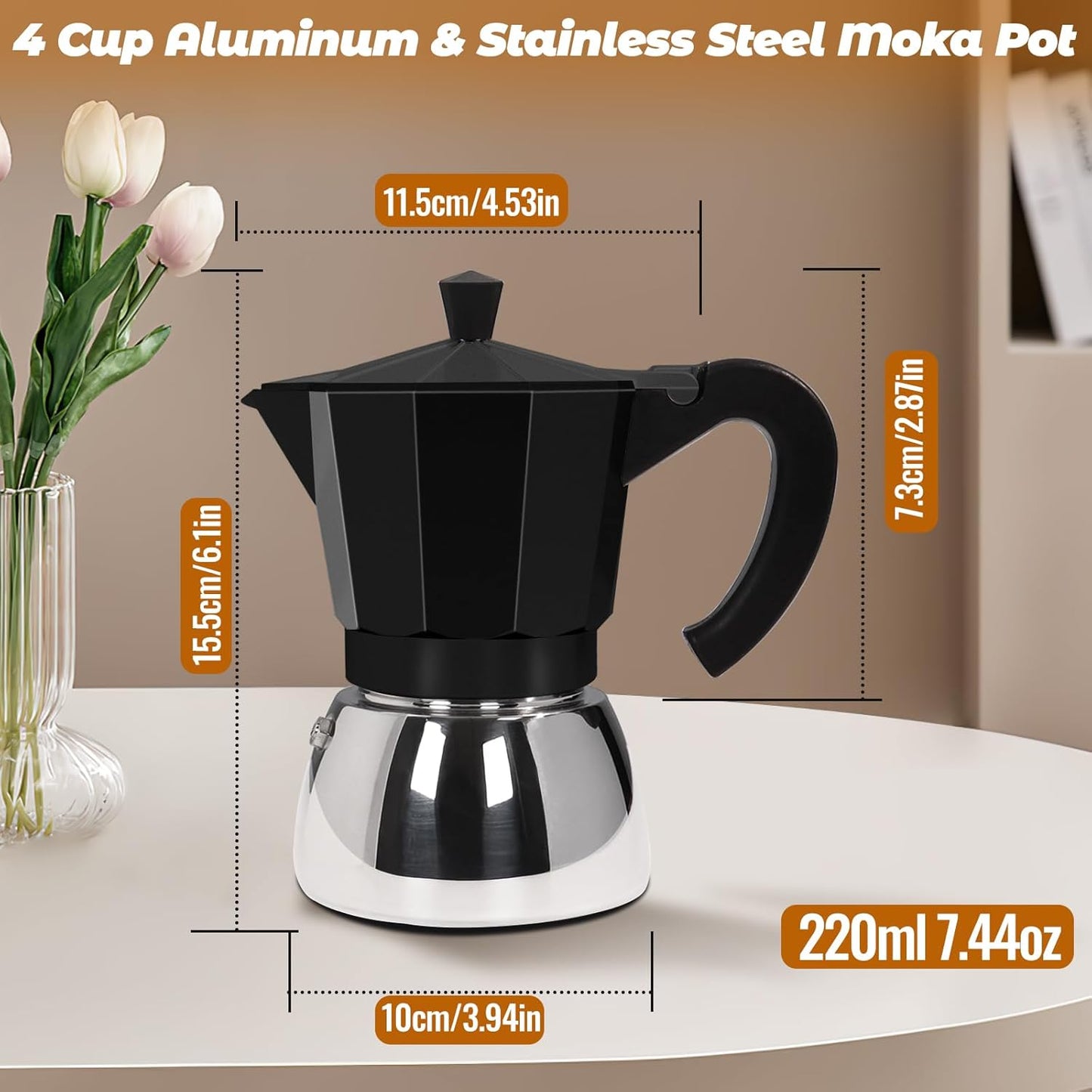 No Coating 4 Cup Aluminum and Stainless Steel Moka Pot Stovetop Espresso Maker Italian Coffee Machine 220ml 7.44oz Suitable for Gas Induction Stovetop Greca Coffee Maker Percolator Black