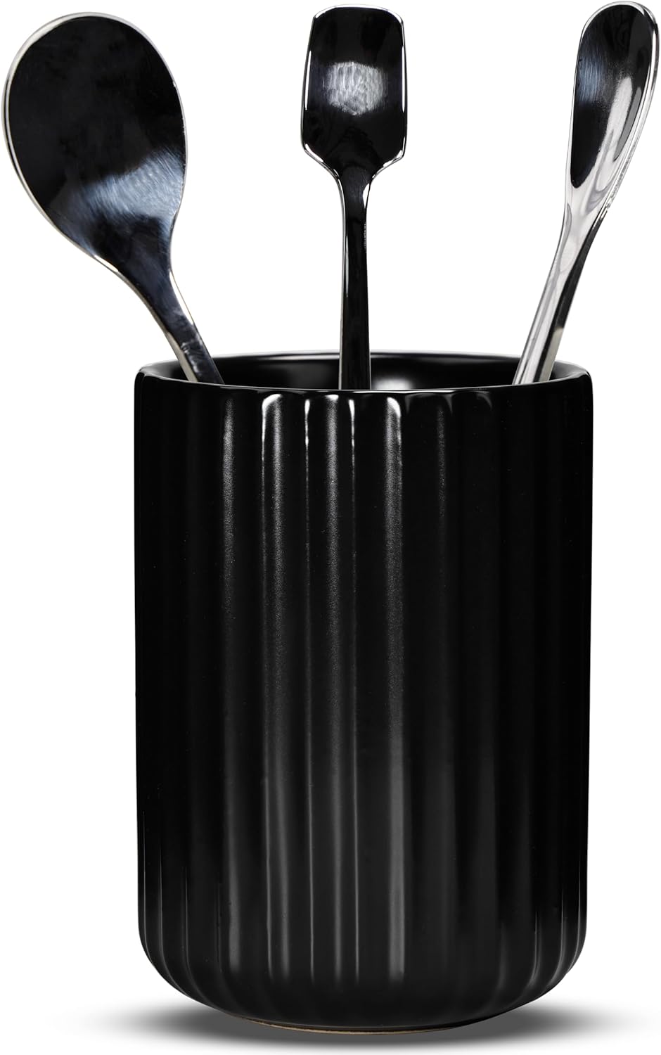 Ceramic Spoon Holder for Coffee Bar, Upright Tea Spoon Holder Cup, Coffee Stirrers Straws Stir Stick Holder, Black Fluted Surface