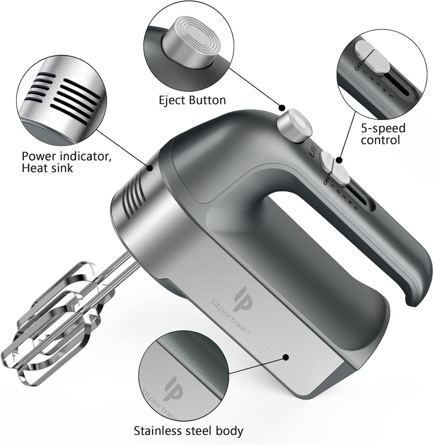 Hand Mixer Electric, 450W Kitchen Mixers with Scale Cup Storage Case, Turbo Boost/Self-Control Speed + 5 Speed + Eject Button + 5 Stainless Steel Accessories, For Easy Whipping Dough,Cream, Cake