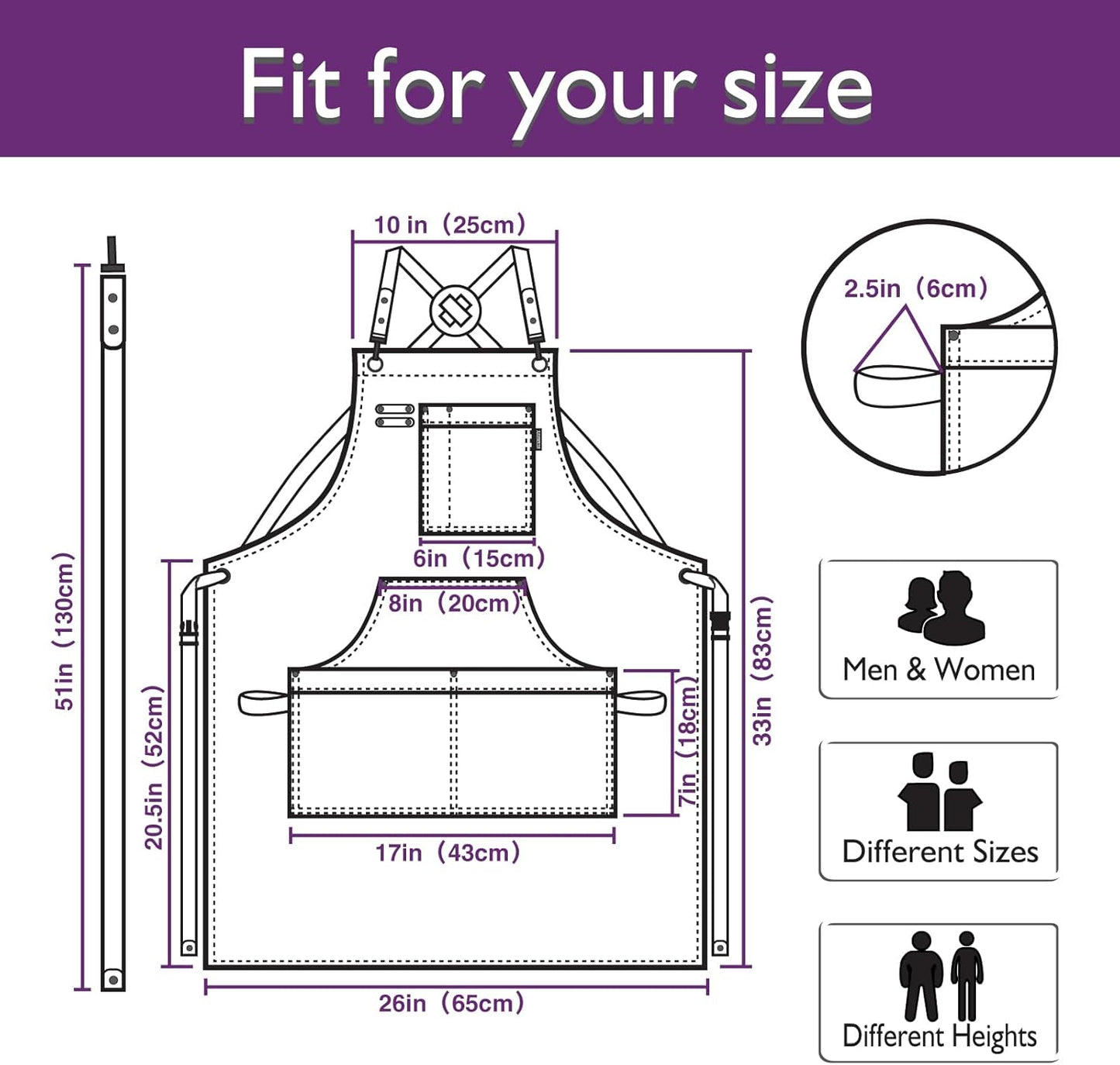 5 Pack Kitchen Apron, Work Apron, Canvas, Multiple Pockets, Gardening, Painting, BBQ, Artist, Carpenter, Sizes M to XXL, Purple