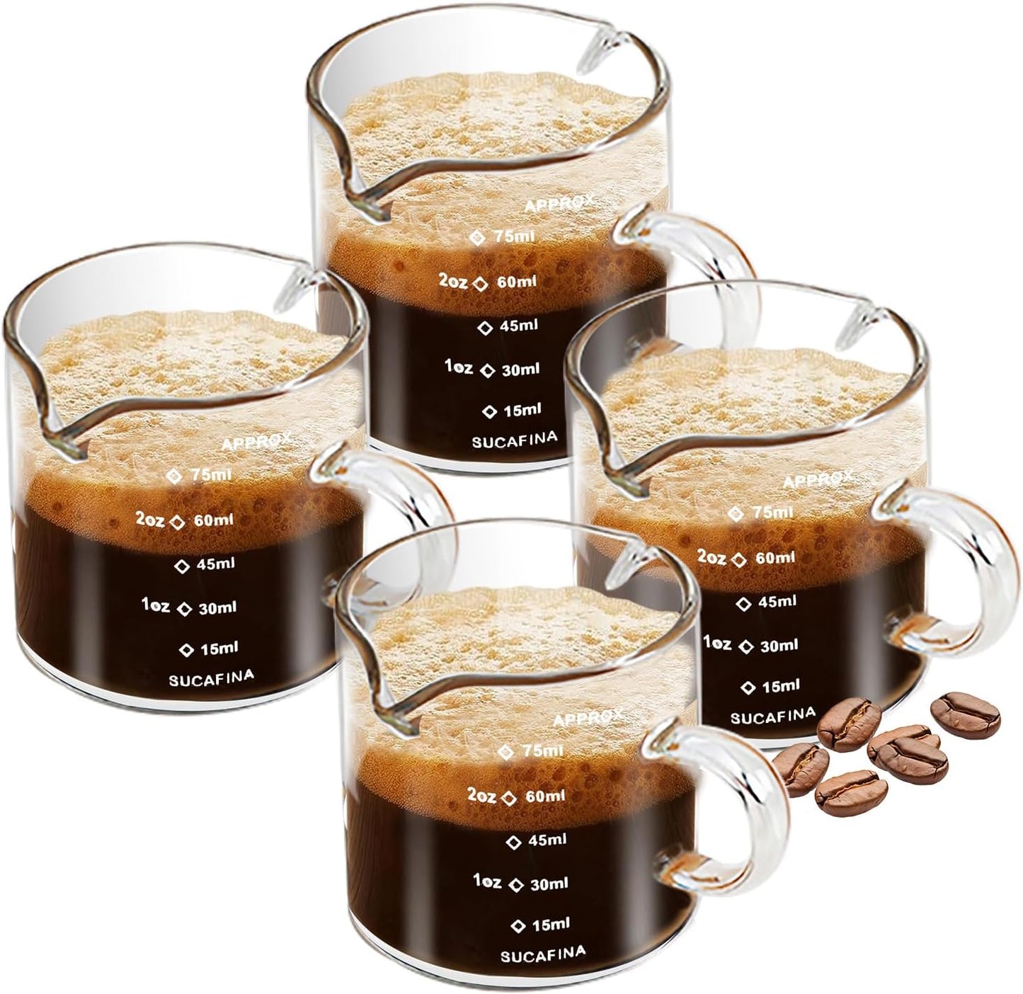 Espresso Cups 4-Piece set, 4 OZ Double Spout Cup with Handle, Espresso Shot Glass with V-Shaped Spout for Espresso Machine, Milk Cup (Espresso Cup Graduated)