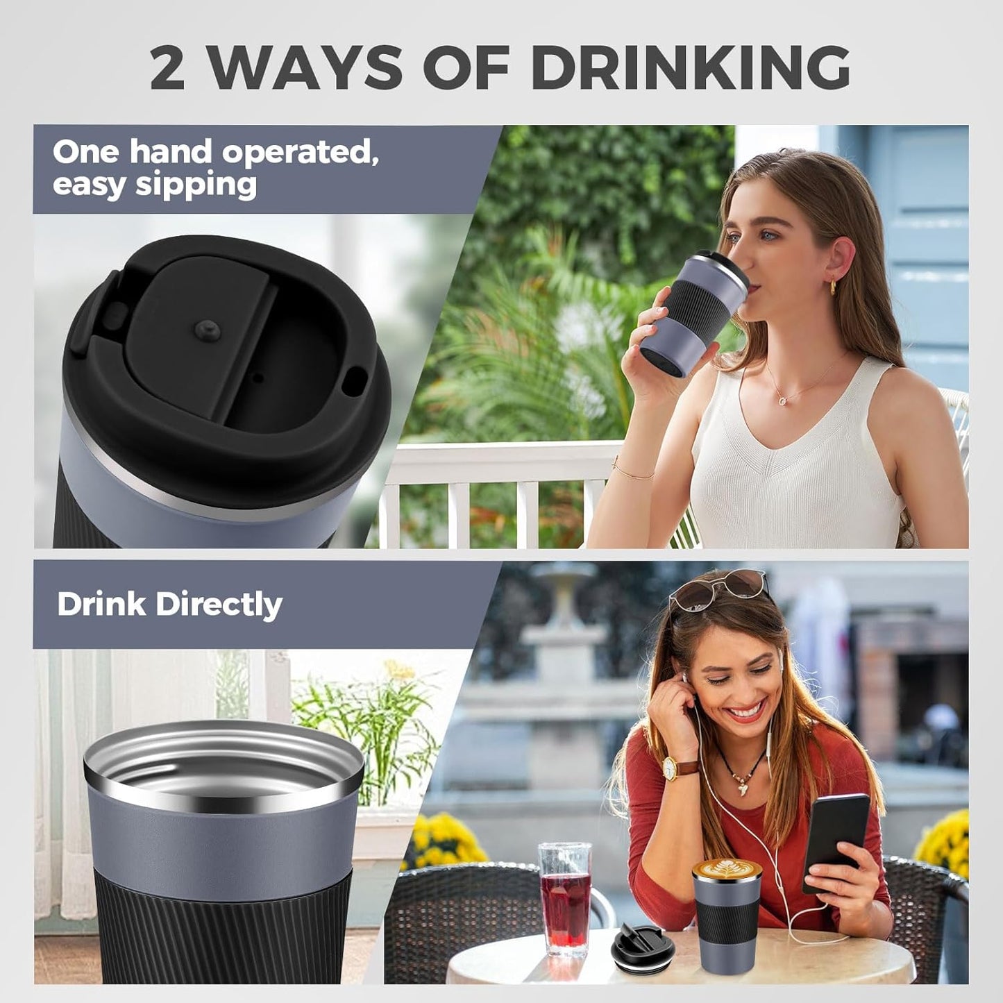 Volhoply 13 oz Stainless Steel Insulated Travel Coffee Mug with Fip Lid Bulk 4 Pack,Reusable Double Wall Vacuum Metal Coffee Cup,Portable Leak Proof Thermal Tumbler for Hot & Cold Drinks(Gray,4)