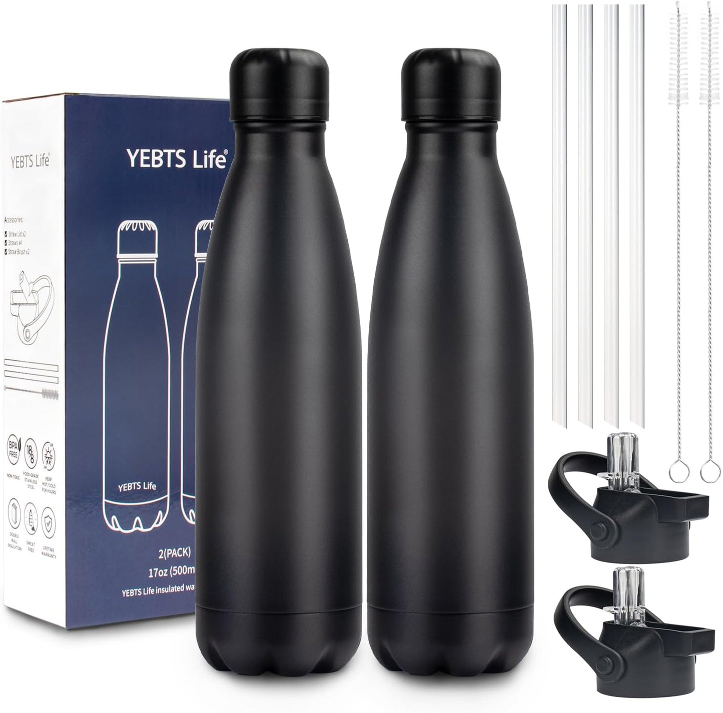 Insulated Water Bottle, 2 Pack-17oz Stainless Steel Water Bottles with straw lid, Metal Sports Water Bottles for Boys,Girls, Double Wall Vacuum BPA-Free Flask for School,Sports & Travel-Black