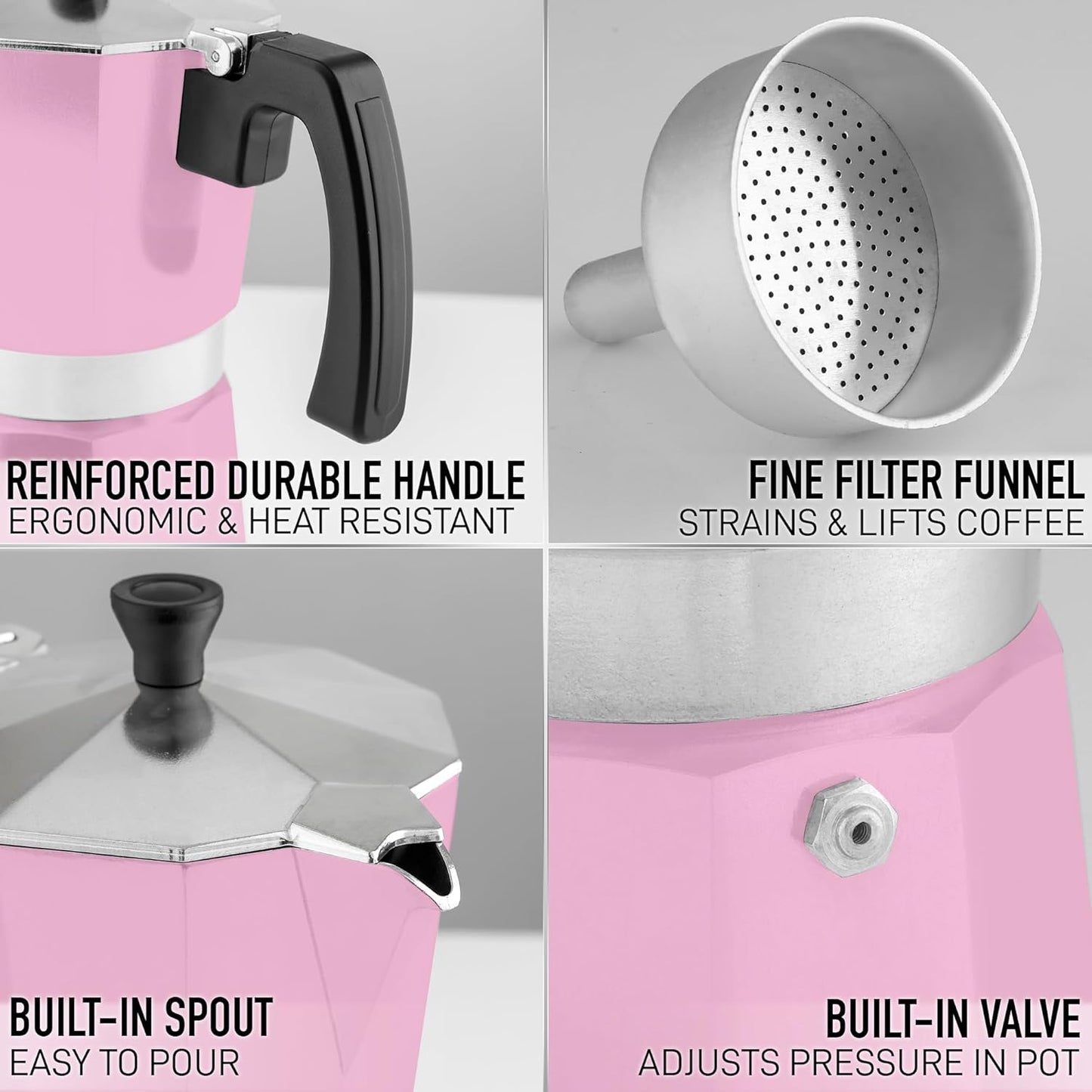 Zulay Moka Pot Espresso Stovetop Coffee Maker - Leak-Proof, Stainless Steel, Easy to Clean, Heat Resistant Handle & Knob - for Authentic Cuban & Italian Style Espresso - Makes 6 Espresso Cups - Pink