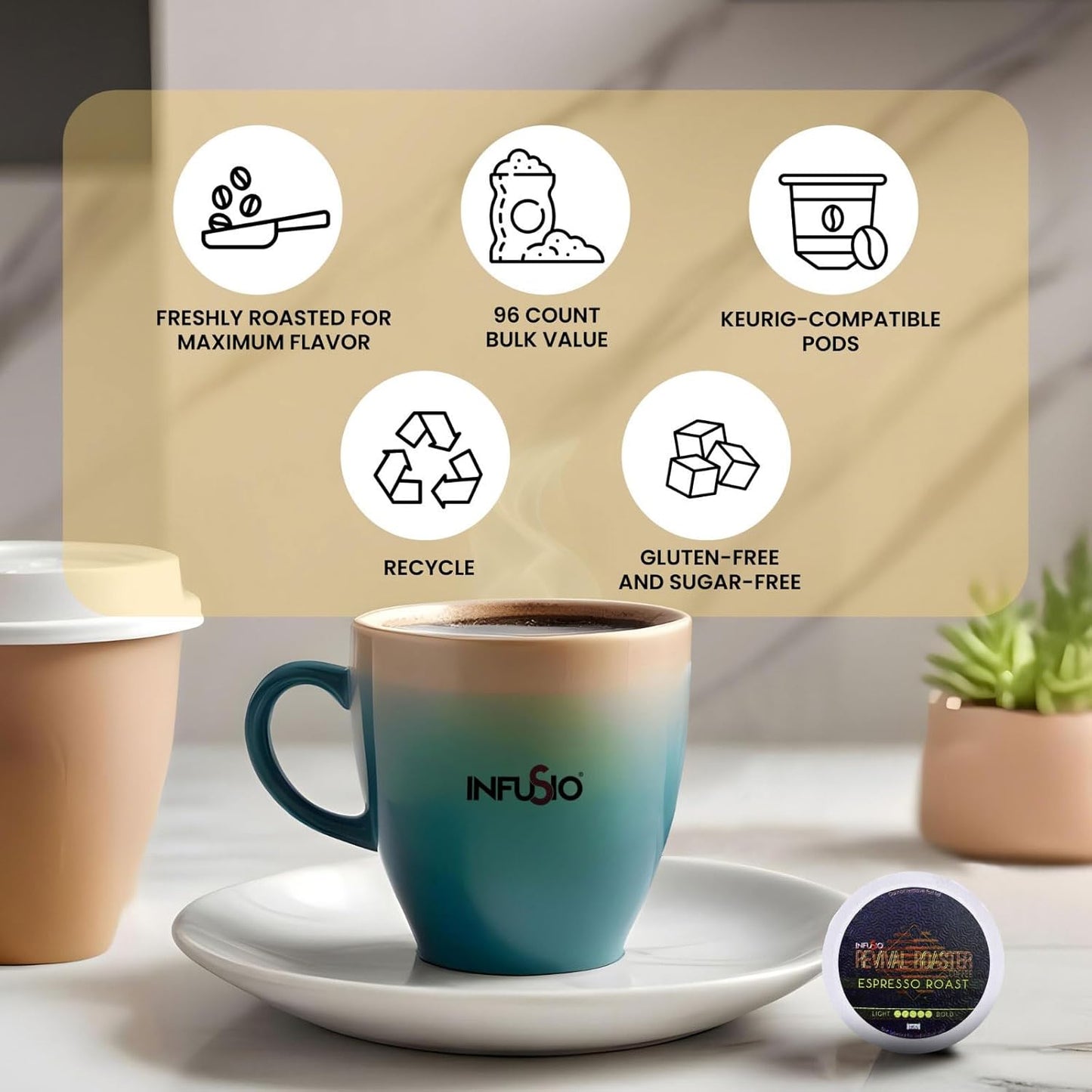 InfuSio Coffee Pods – 96 Count, Espresso Roast (Dark Roast Coffee) Single Serve Coffee Pods for Keurig K Cup® Brewers, Compatible with Keurig 2.0 Brewers