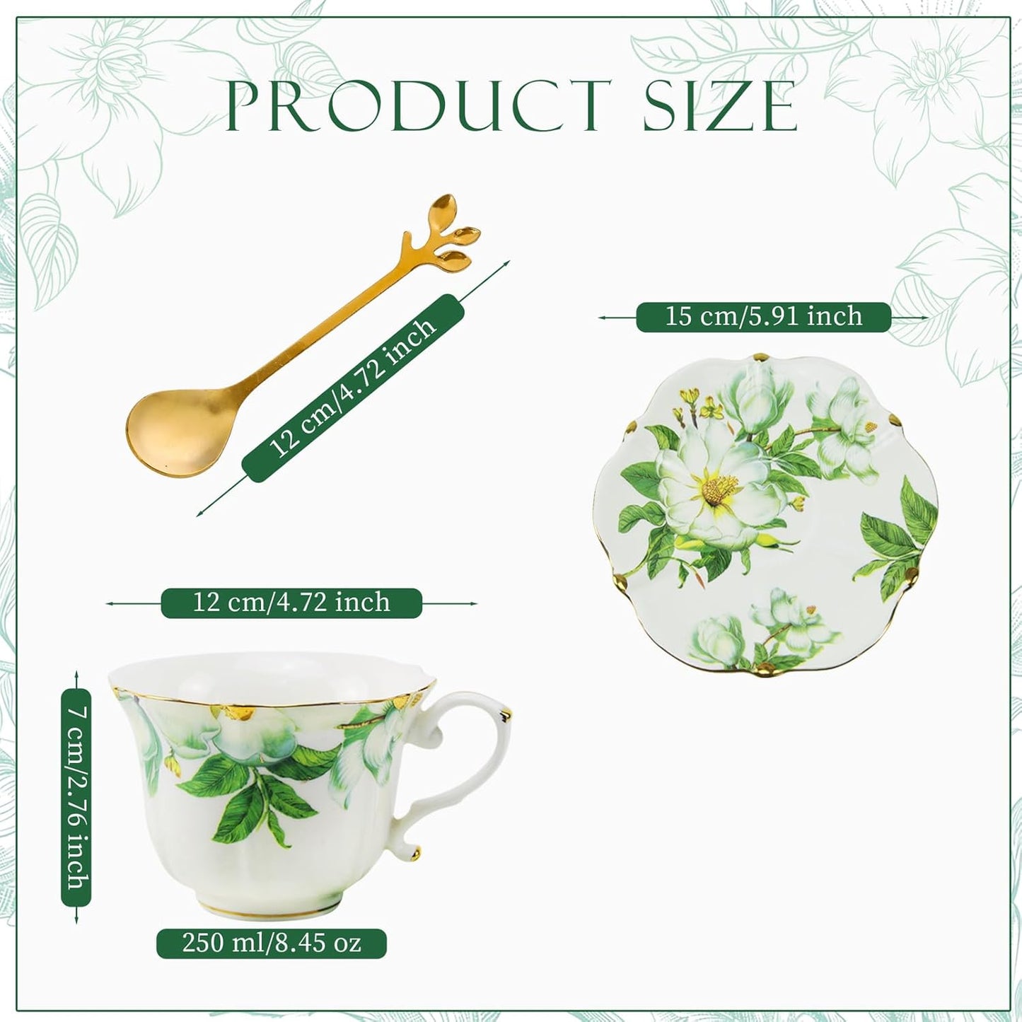 TATSUMI Country Roses Bone China Tea Cup and Saucer Set, 6 Pieces, Vintage Style, For Women and Tea Parties