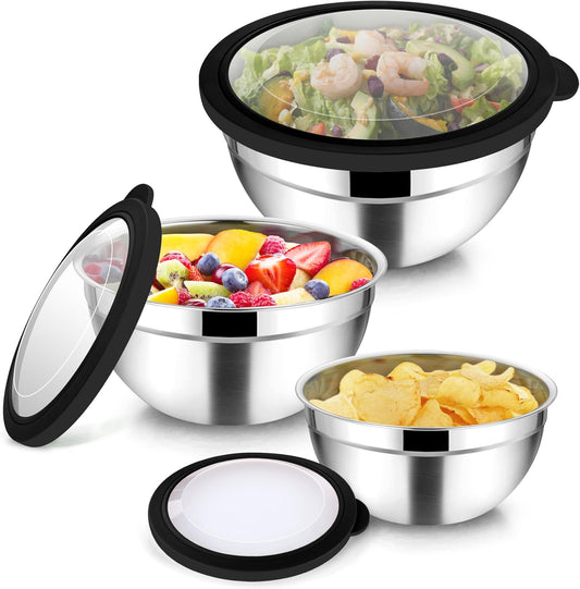 TeamFar Mixing Bowls, 4.5/3/1.5 QT Stainless Steel Nesting Salad Bowls with Airtight Lids, For Serving/Mixing/Storing/Prepping, Non-Toxic & Sturdy, Visible & Easy Clean, Black, Set of 3