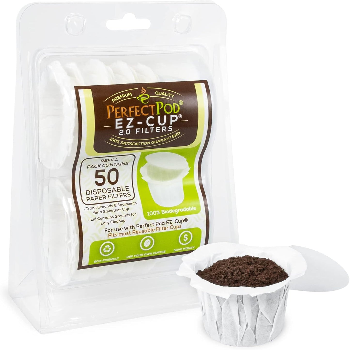 Perfect Pod EZ-Cup Paper Coffee Filters with Patented Lid for Single-Serve Coffee Brewers and Coffee Pods, Compatible with Keurig, 18-Pack (900 Filters)