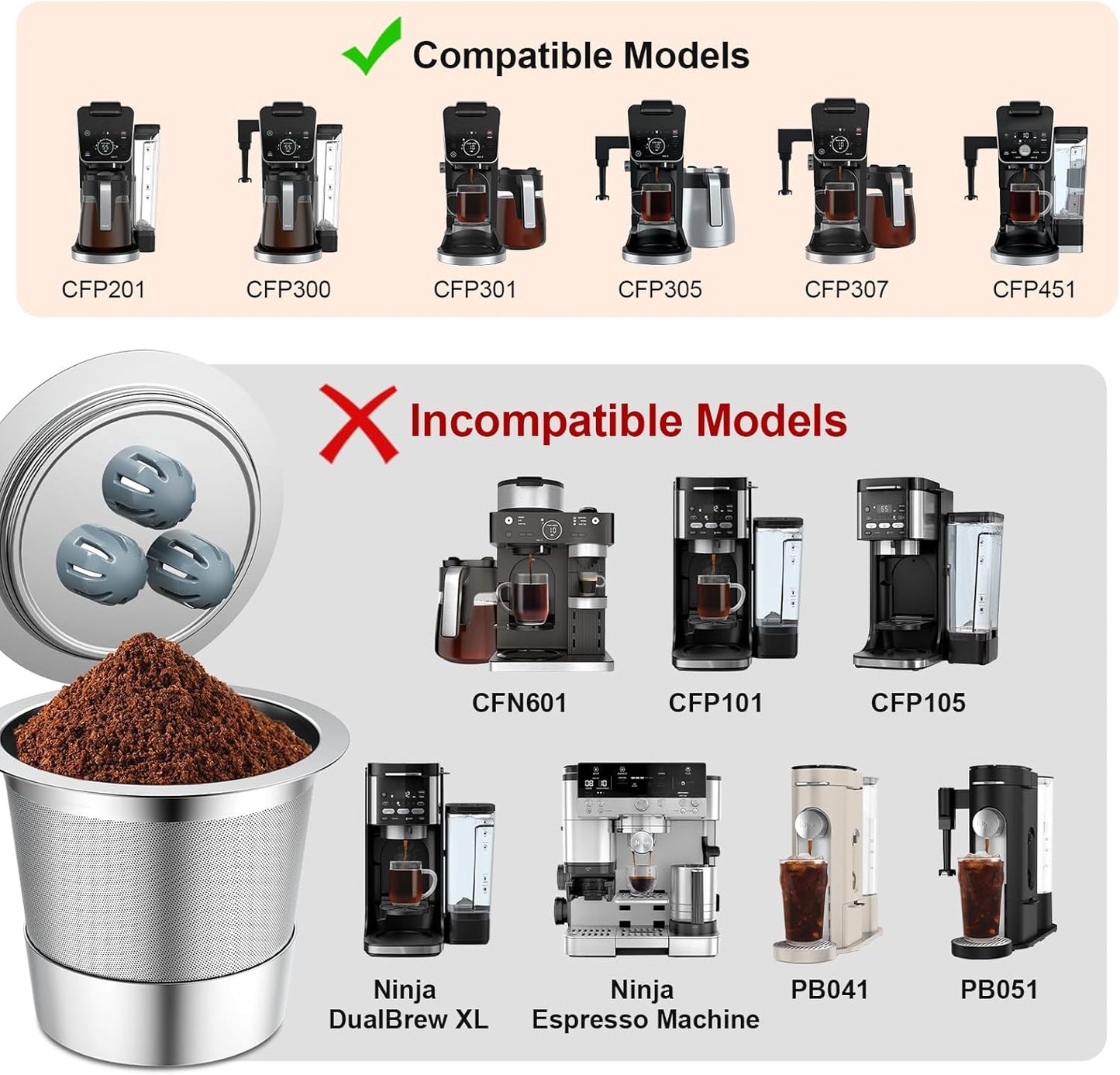 Stainless Steel Reusable K Cups Compatible with Ninja Coffee Maker, K Cup Reusable Coffee Pods,Permanent Reusable Coffee Filters for Ninja CFP201 CFP 300 CFP305 CFP301 CFP307 CFP400 (1Pack)