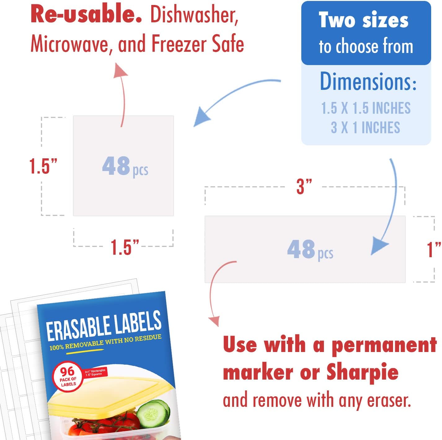 MESS Erasable Kitchen Labels, 96-Pack (1x3 & 1.5") – White Dry Erase Stickers for Pantry, Jars, Food Containers, Fridge & Freezer