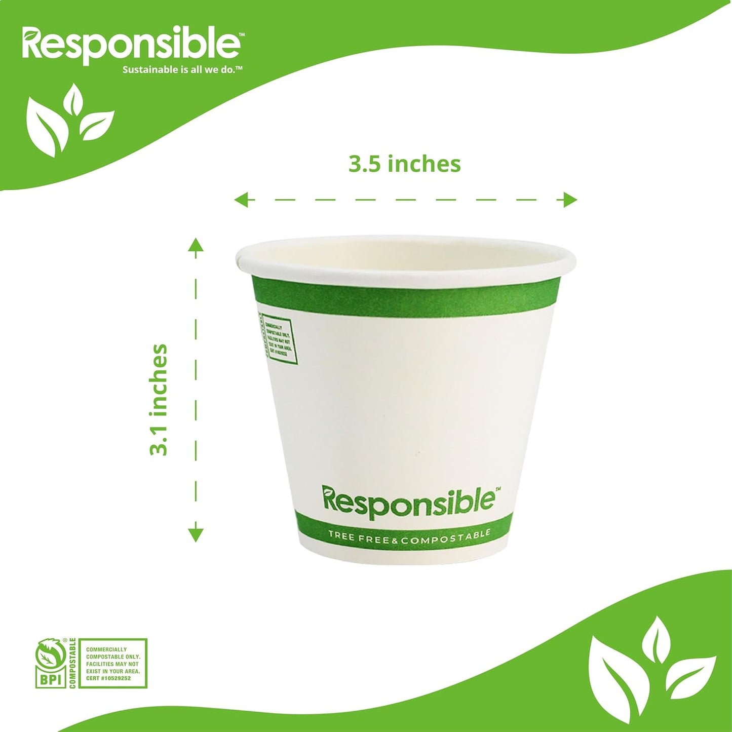 8 oz Paper Hot Cups (Squat), Tree-Less™ Compostable Paper Coffee Cups, Extra Strength, Tree-Free and Made Without PFAS, White (1000 Count)