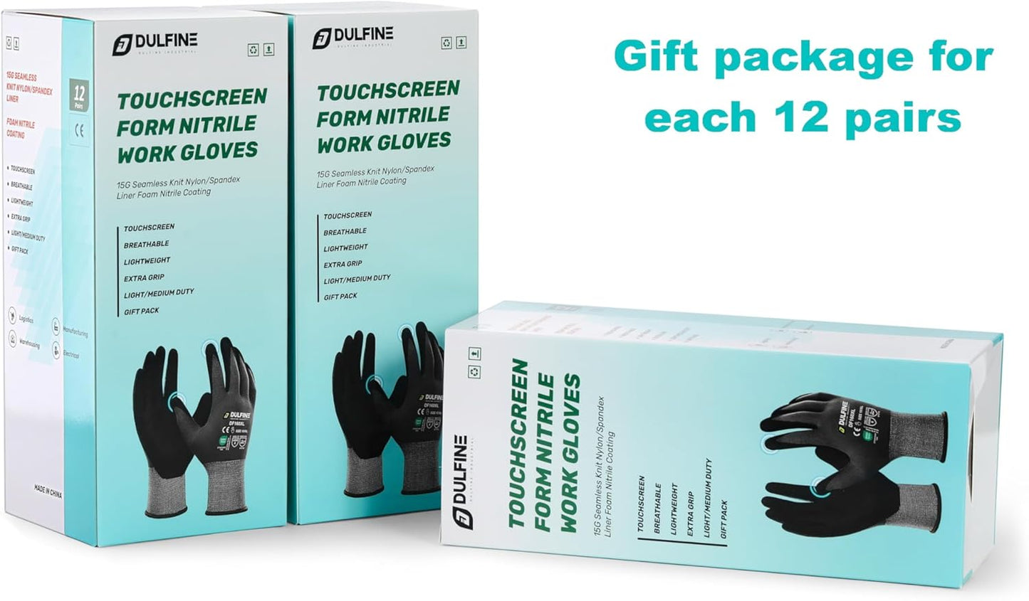 DULFINE Work Gloves for Men and Women,Hi-Vis Yellow Knit Nylon Glove with MicroFoam Nitrile Coated-12 Pairs Pack,Ideal for General Purpose,Automotive,Home Improvement,Painting(Large)