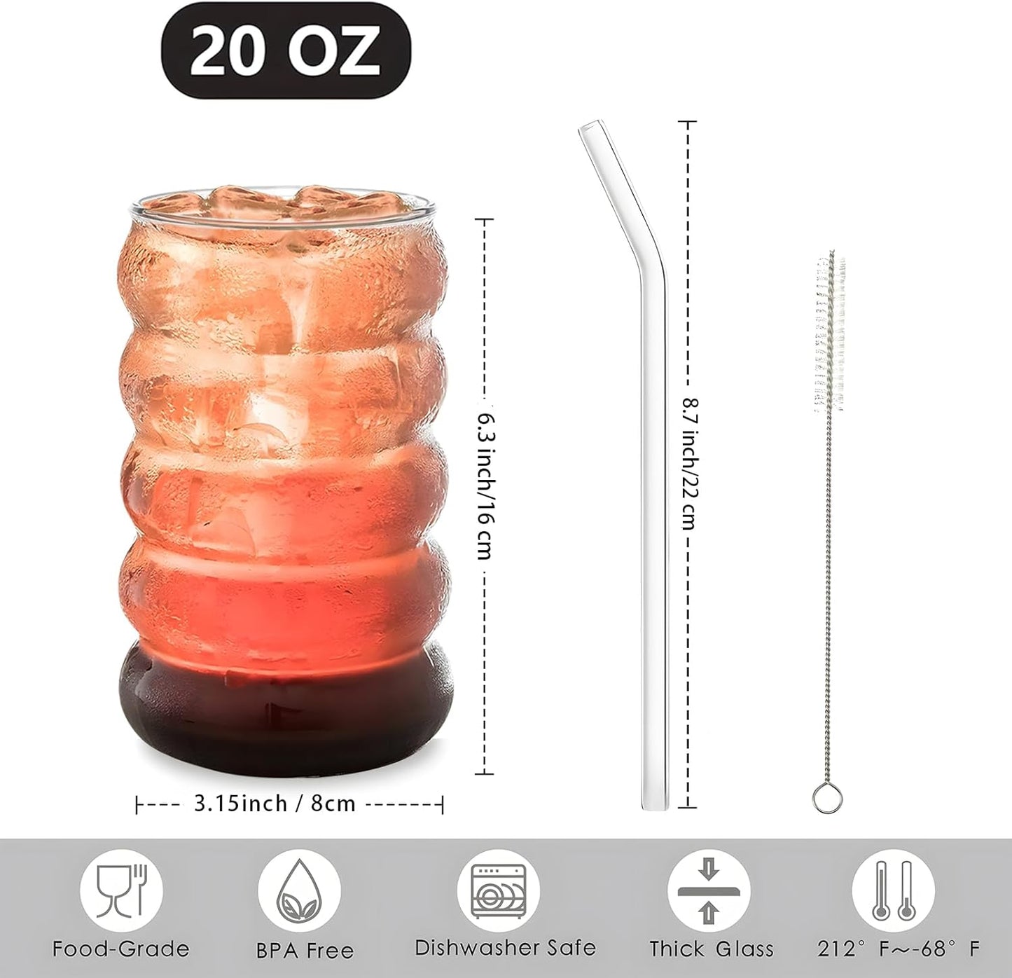 2 Pcs 20oz Drinking Glasses Set with Straws, Cute Iced Coffee Glass Cups, Iced Coffee Tumblers, Thick Drinking Jars for Smoothie, Boba Milk Tea, Ideal for Gift, with Straw Brush