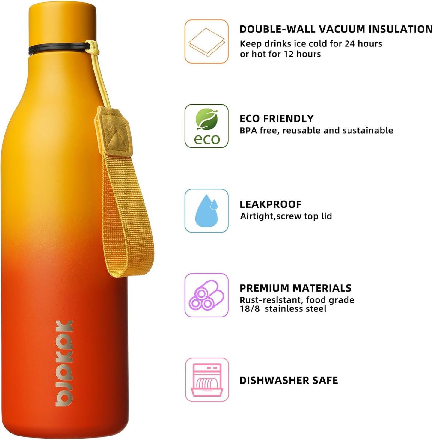 BJPKPK Insulated Water Bottles, 25 oz Stainless Steel Metal Water Bottle with Strap, BPA Free Leak Proof Thermos, Mugs, Flasks, Reusable Water Bottle for Sports & Travel, Sunset Orange