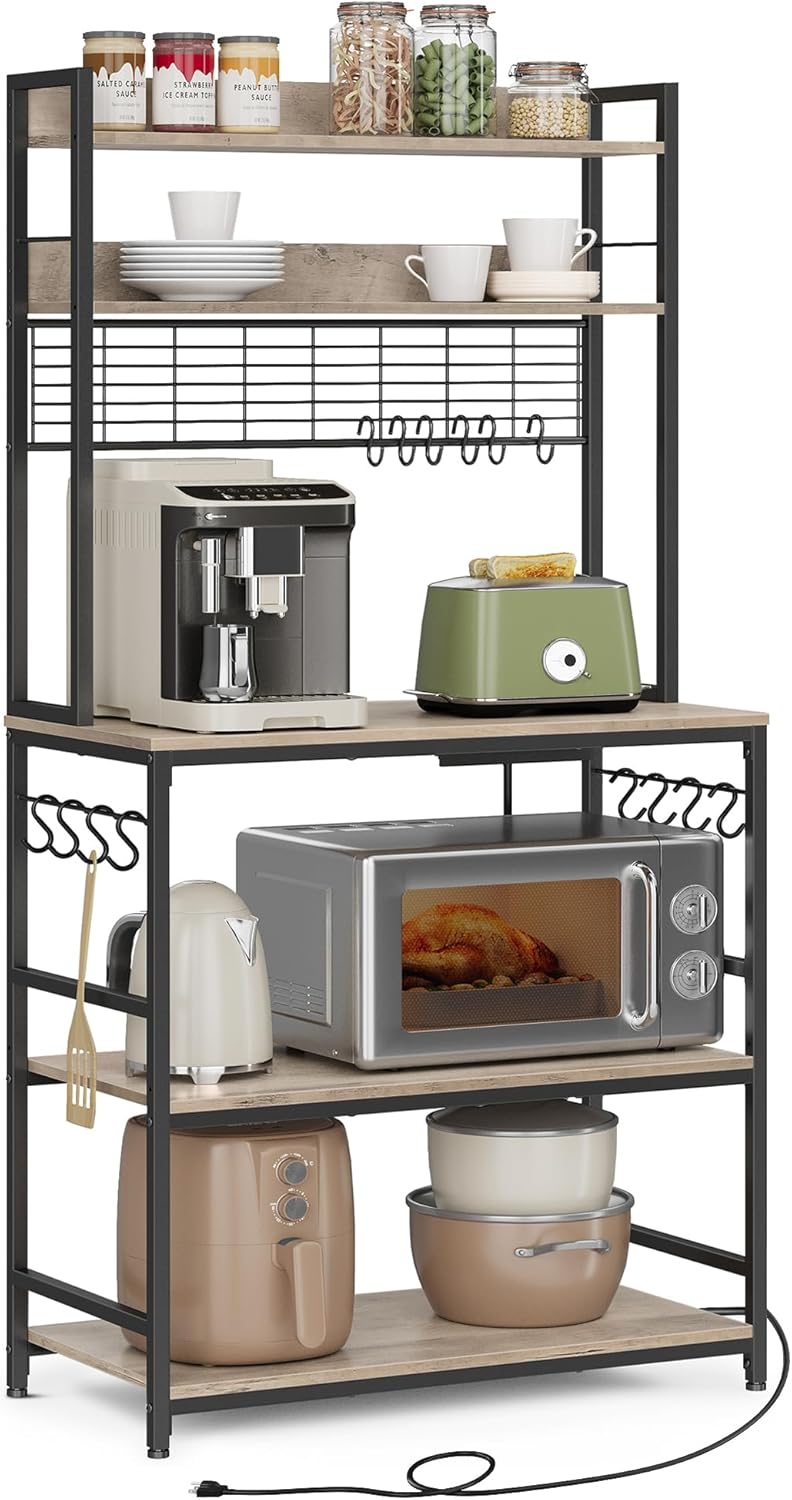 VASAGLE Hutch Bakers Rack with Power Outlet, 14 Hooks Microwave Stand, Adjustable Coffee Bar with Metal Wire Panel, Kitchen Storage Shelf, 15.7 x 31.5 x 66.9 Inches, Greige and Black UKKS025B02