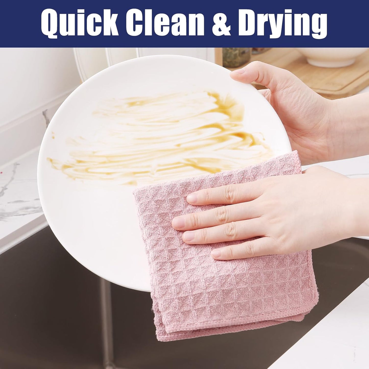 Homaxy Microfiber Waffle Weave Kitchen Towels, 16 x 28 Inch Ultra Absorbent and Solid Color Dish Towels, 8 Pack, Pink