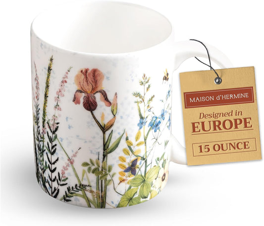 Maison d' Hermine Coffee Mug with Handles Fine Bone China Mugs Pack of One Tea Cups for Hot Beverages Cappuccino Latte Home Restaurant Office Perfect for Gift (Fleurs De Mai - Prairie, 15 Ounce)