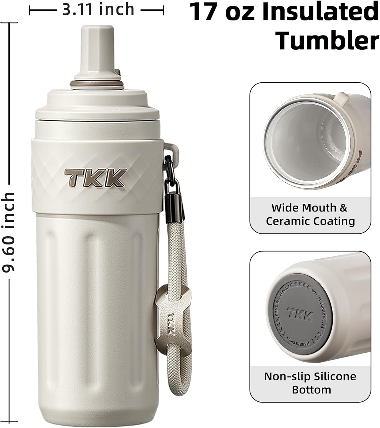 TKK 17 OZ Travel Tumbler Ceramic Lining with Straw Lid, Stainless Steel Vacuum Insulated Double Wall Coffee Tumbler, Leak Proof Iced Water Bottle with Carry Strap for Hot & Cold Drinks, Beige