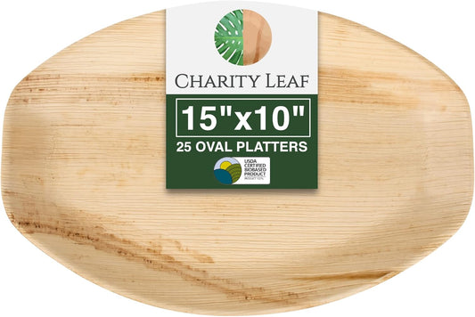 Charity Leaf Disposable Palm Leaf 15" x 10" Trays (25 pieces) Bamboo Like Serving Platters, Disposable Boards, Eco-Friendly Dinnerware For Weddings, Catering, Events
