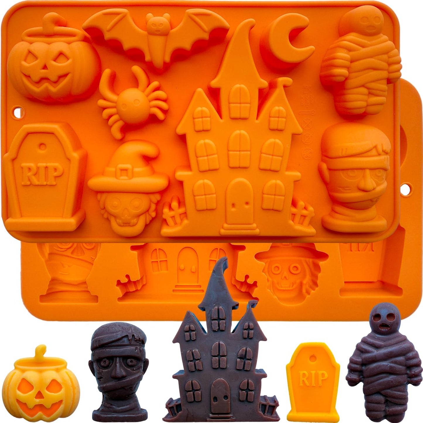 2 Pack Halloween Chocolate Candy Silicone Mold Halloween Molds Castle Pumpkin Tombstone Skull Witch Hat Gummy Jello Baking Mold for DIY Ice Cube Sugar Halloween Party Cupcake Topper Cake Decorating